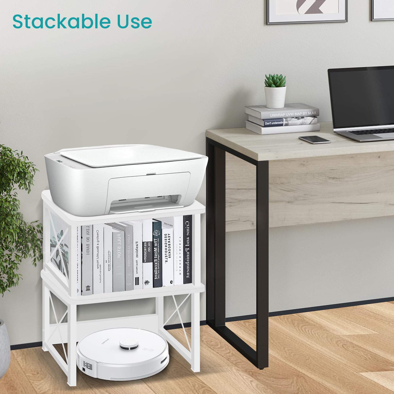 ELITEROO Modern Wood Printer Stand with Storage Shelf - Under Desk Organizer for Printer, Fax Machine, Copier & Scanner - Home & Office Workspace Solution (White) - Perfect for Small Spaces & Clutter-Free Desks