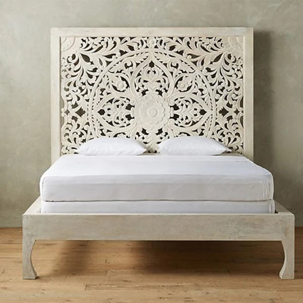 Hand Carved Indian Wooden Bed Frame - Dynasty Low Line Design for Master Bedroom & Guest Room | Solid Wood Bed Frame with Exquisite Carvings | Perfect for Traditional & Bohemian Home Decor