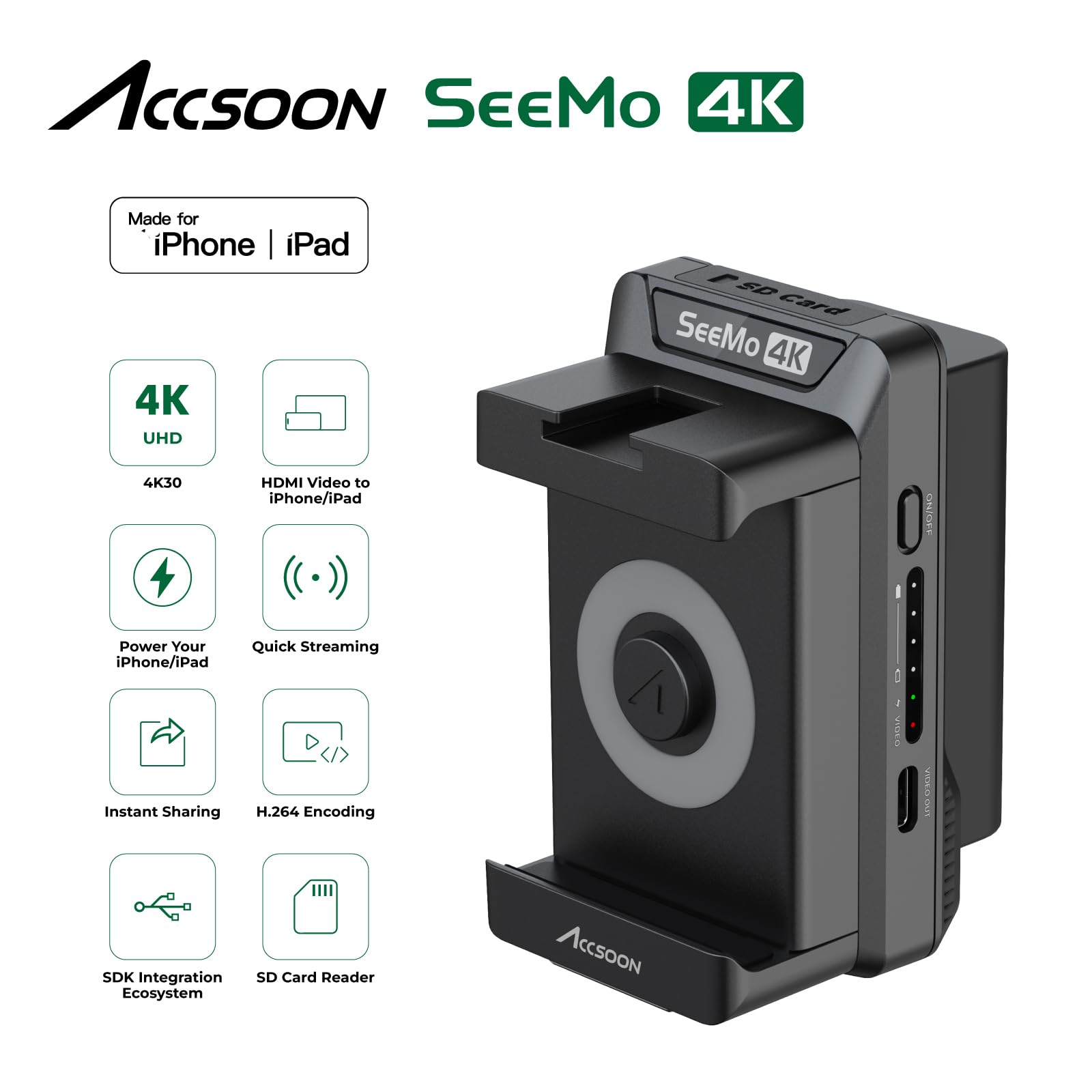 Accsoon SeeMo 4K Wireless Video Monitor for iPhone & iPad - HDMI to iOS Video Capture Adapter | 4K Surveillance Converter | Turn Smartphone into Camera Monitor (Black) - Perfect for Live Streaming, Film Making & Video Production