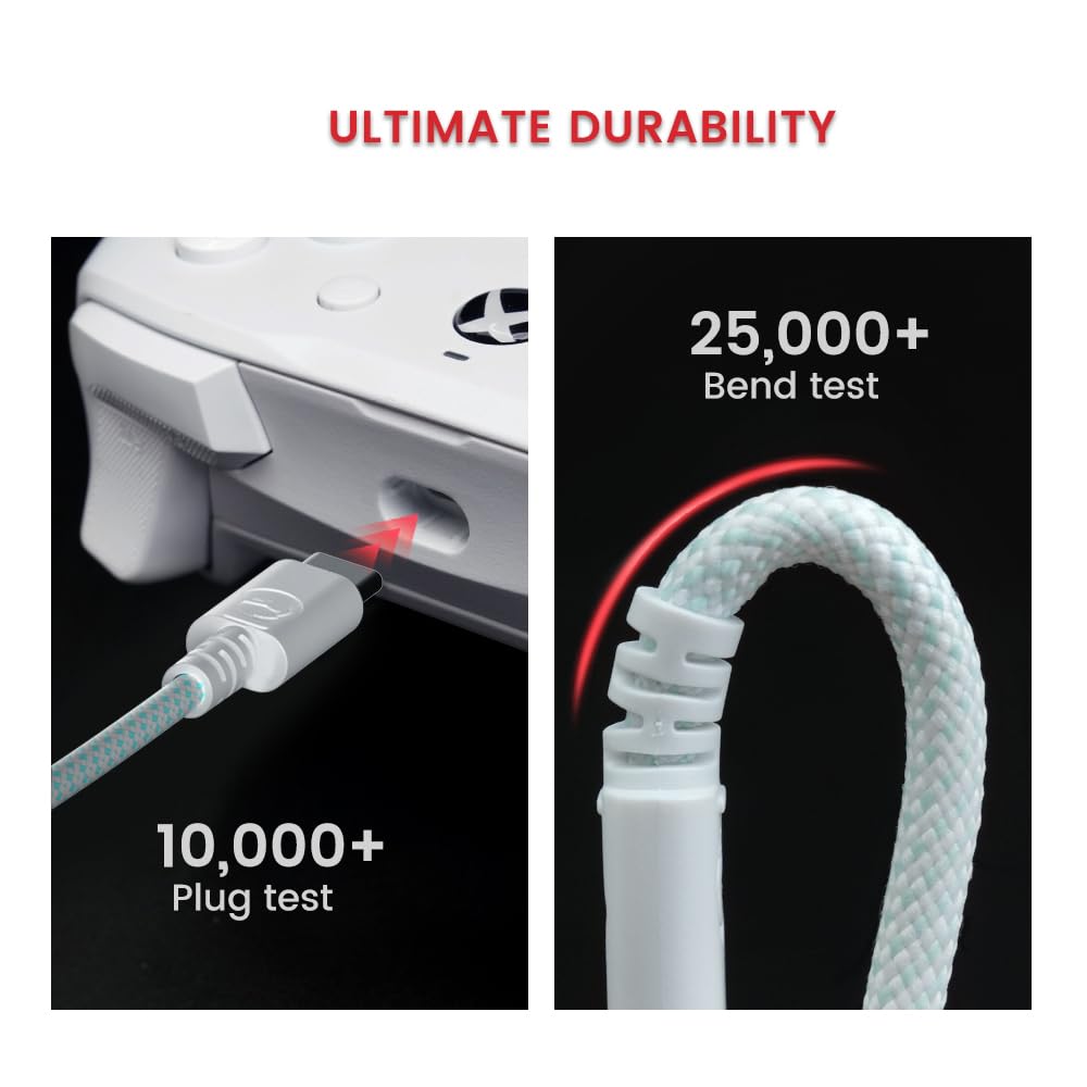 GameSir USB-C Cable for G7 SE/G7/T4 Kaleid Controller - 10ft Fast Charging & Data Sync Braided Cord (White & Cyan) - Perfect for Gaming, PC & Mobile Charging