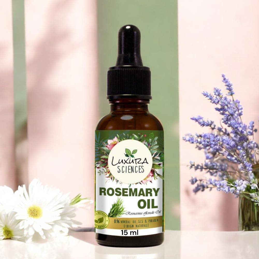 Luxura Sciences Pure Rosemary Essential Oil for Hair Growth, Skin Care & Nail Strengthening - 100% Natural Therapeutic Grade Aromatherapy Oil for Scalp Massage, Relaxation & Wellness (15ml) - Perfect for DIY Beauty Recipes, Spa Treatments & Stress Relief