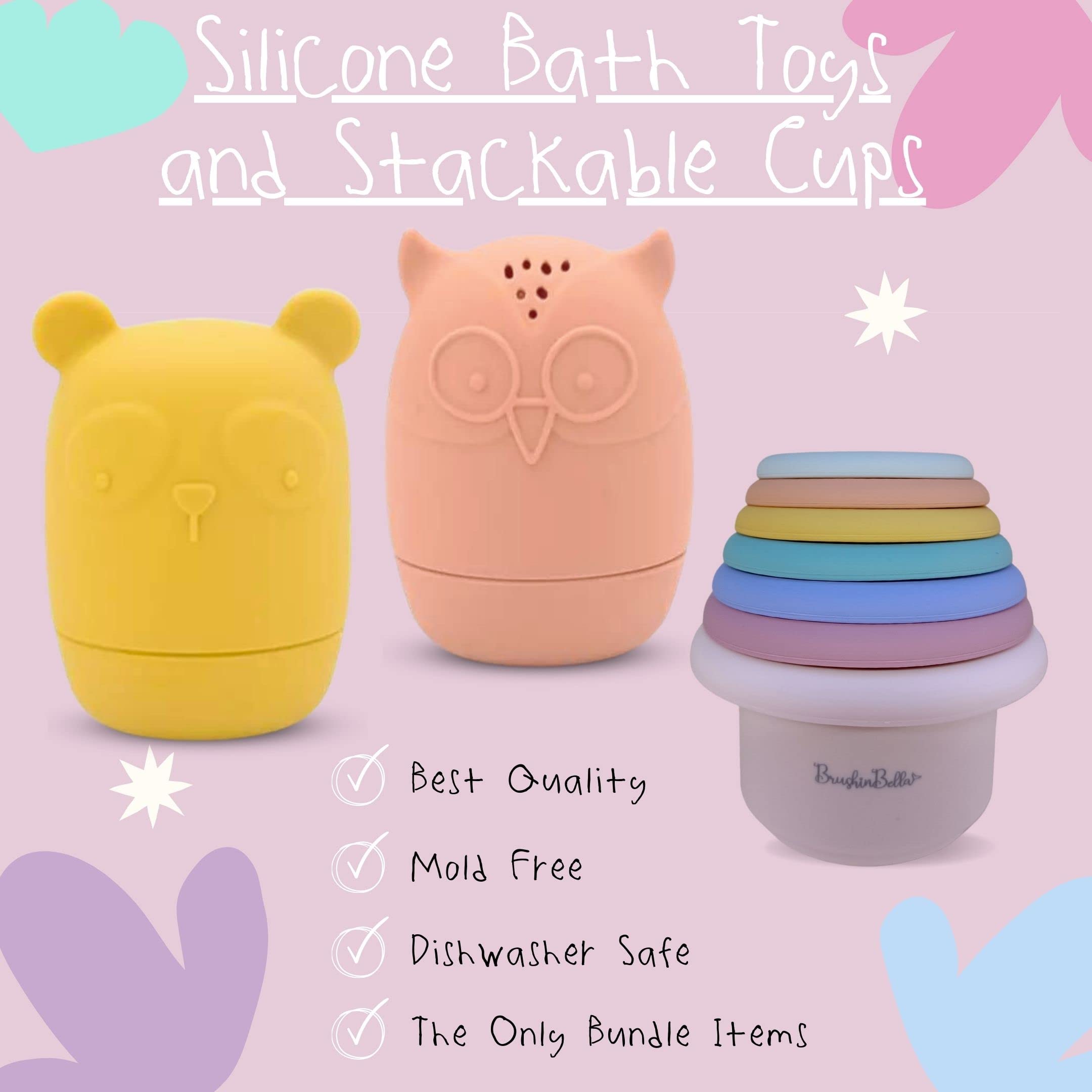 Non-Toxic Silicone Bath Toys 4-Pack - Montessori Stackable Cups for Babies | Dishwasher Safe & Easy to Clean | Toddler Bath Time Essentials for Sensory Play & Learning | Perfect for Bathtub Fun, Early Education & Baby Shower Gifts