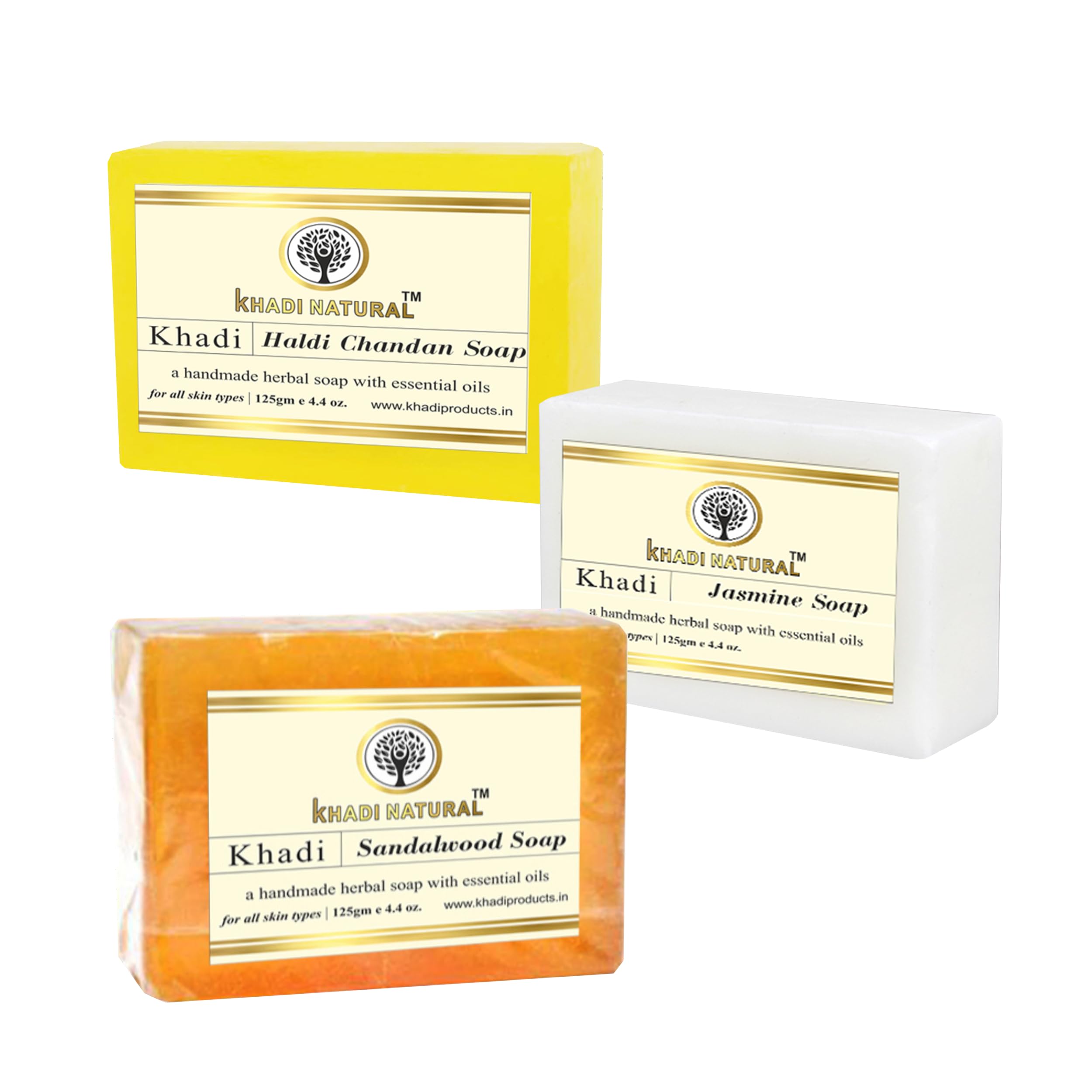 Khadi Natural Handmade Herbal Soap Pack - Organic Essential Oil Soap for Soft & Healthy Skin - Sandalwood, Jasmine, Turmeric & Chandan - 3 Bars (125g Each) - Perfect for Daily Skincare & Relaxing Baths