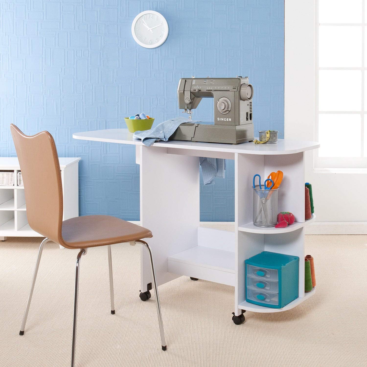 Portable White Folding Sewing Machine Table with Wheels - Extendable MDF Craft Table for Quilting, Dressmaking & DIY Projects - Perfect for Small Spaces & Mobile Crafting