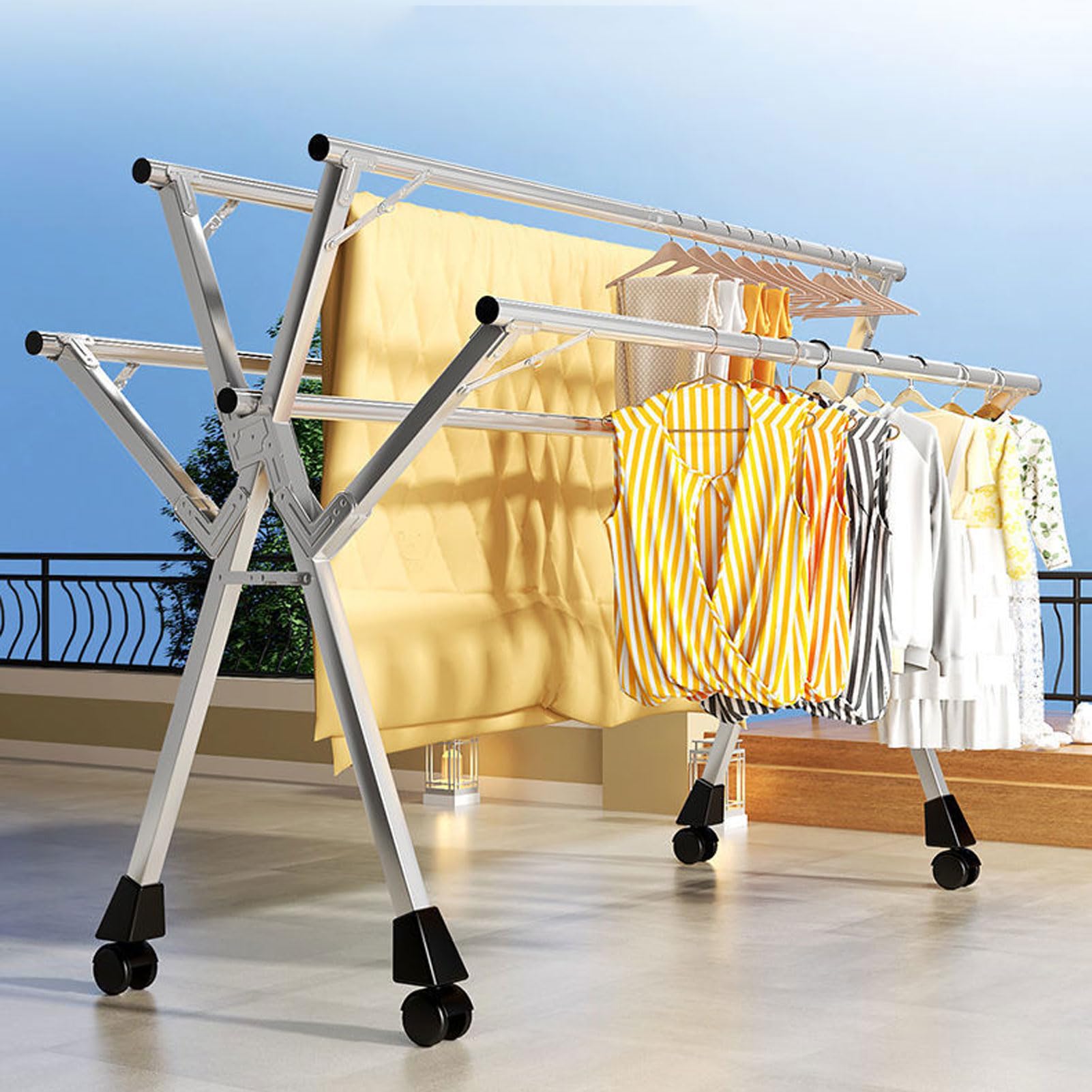 5-Tier Portable Clothes Drying Rack with 20 Windproof Hooks - Foldable Laundry Rack for Blankets, Towels & Clothing - Indoor Outdoor Space Saving Solution for Apartments, Balcony & Travel