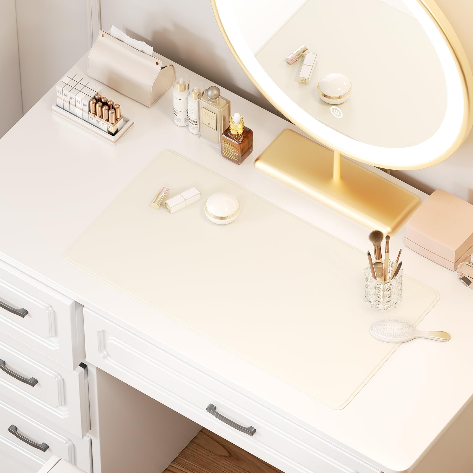Waterproof Oilproof Makeup Vanity Mat - Dual-Sided Non-Slip Vanity Protector for Makeup Table (23.6x11.8in, Beige) | Perfect for Home Vanity Decor & Beauty Routine Organization