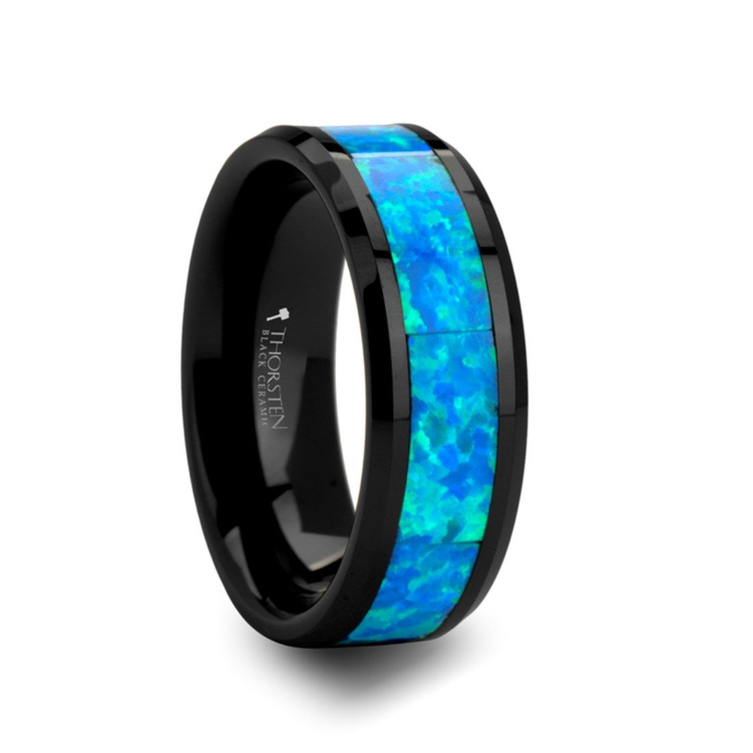 Blue & Green Opal Inlaid Black Ceramic Ring - 8mm Wide Wedding Band for Men & Women - Perfect for Engagement, Anniversary, and Everyday Wear