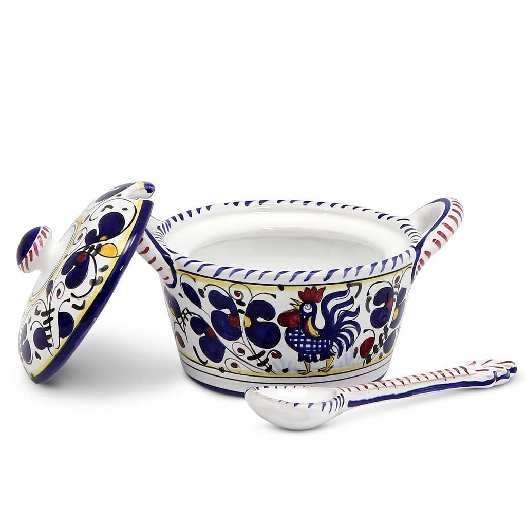 Authentic Hand-Painted Orvieto Blue Rooster Parmesan Cheese Bowl with Spoon - Italian Deruta Ceramic, Original Design | Perfect for Kitchen Decor, Cheese Serving & Gift Giving | Includes Certificate of Authenticity, Ships from USA