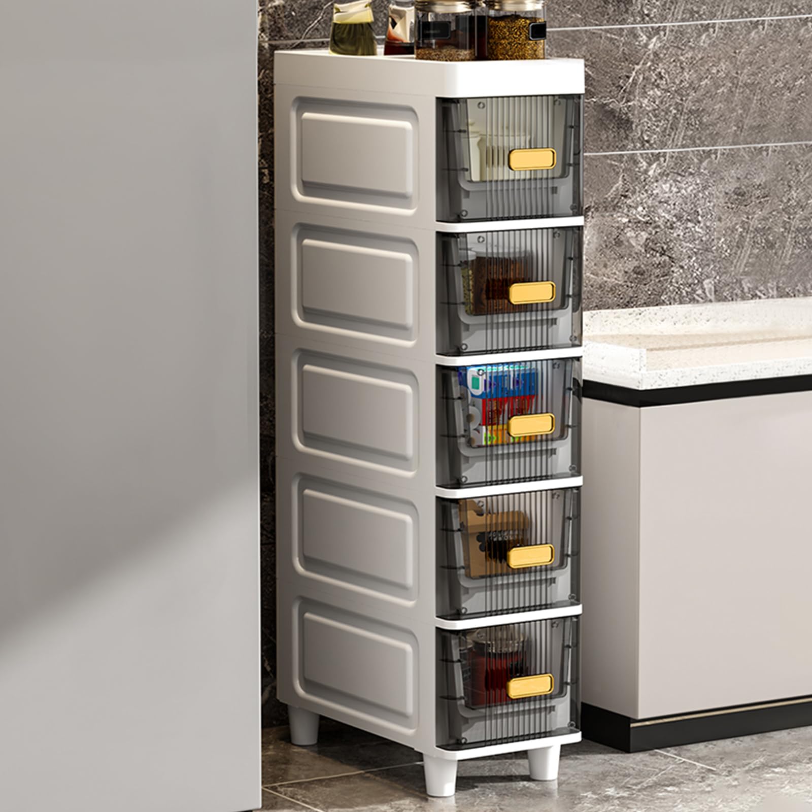 7-Inch Wide Skinny Storage Cabinet with 5-Tier Narrow Drawers - Space-Saving Bathroom & Kitchen Organizer for Toilet Paper, Cosmetics & Small Items - Perfect for Bathroom Corner, Apartment & Tiny Homes