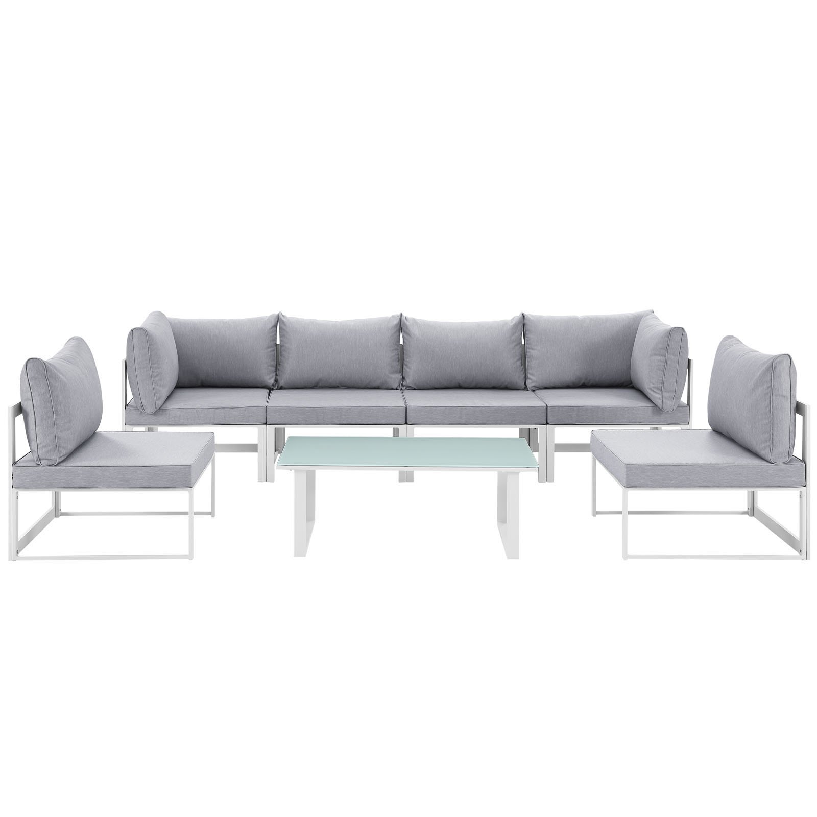Modern Urban Contemporary 7-Piece Outdoor Patio Sectional Sofa Set with White Grey Fabric & Steel Frame - Perfect for Backyard, Garden, and Poolside Relaxation