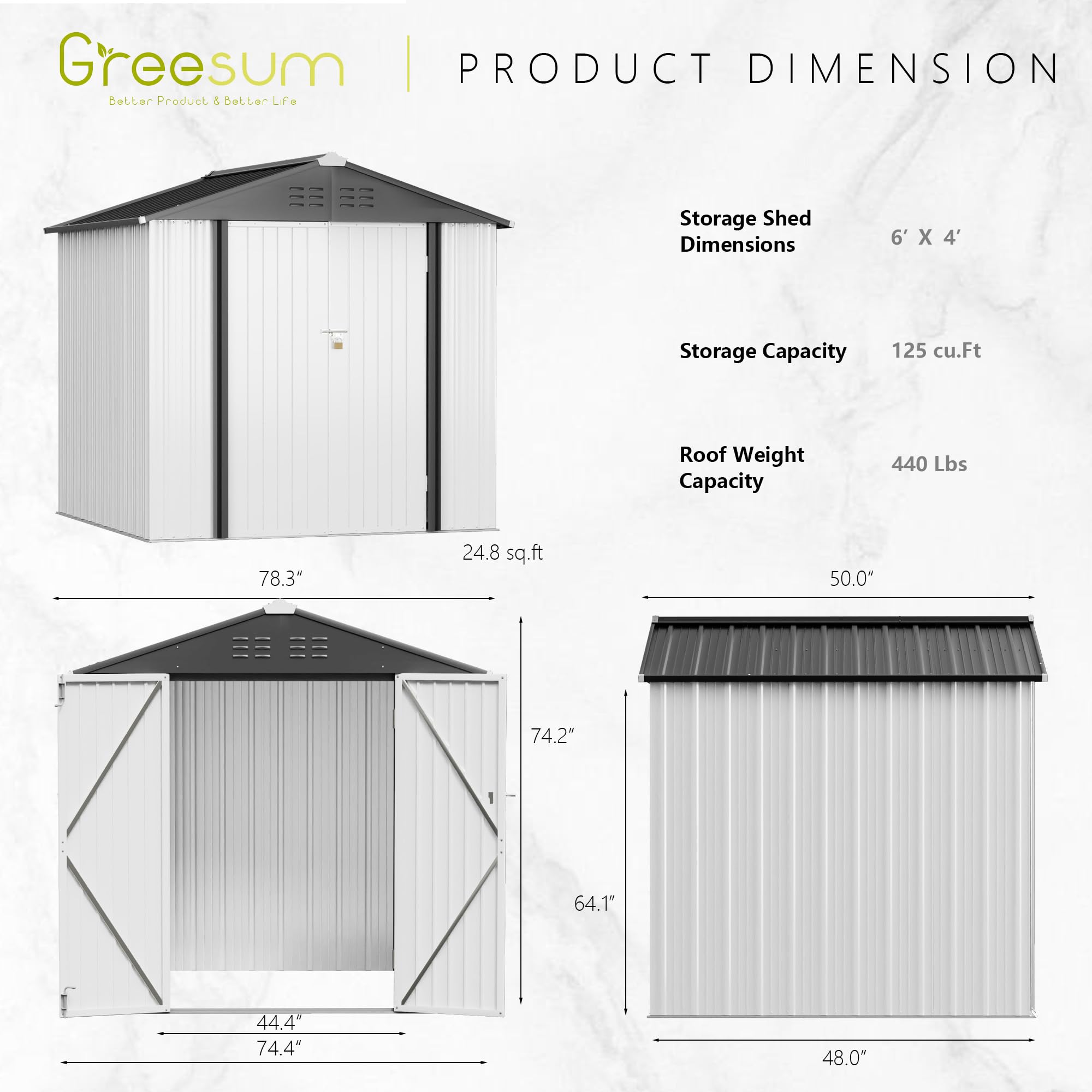 Greesum 6x4 ft Outdoor Storage Shed - Metal Utility Tool & Garden Shed with Secure Door Lock - Weatherproof Patio Storage Solution for Backyard, Lawn Equipment & Gardening Tools (White)