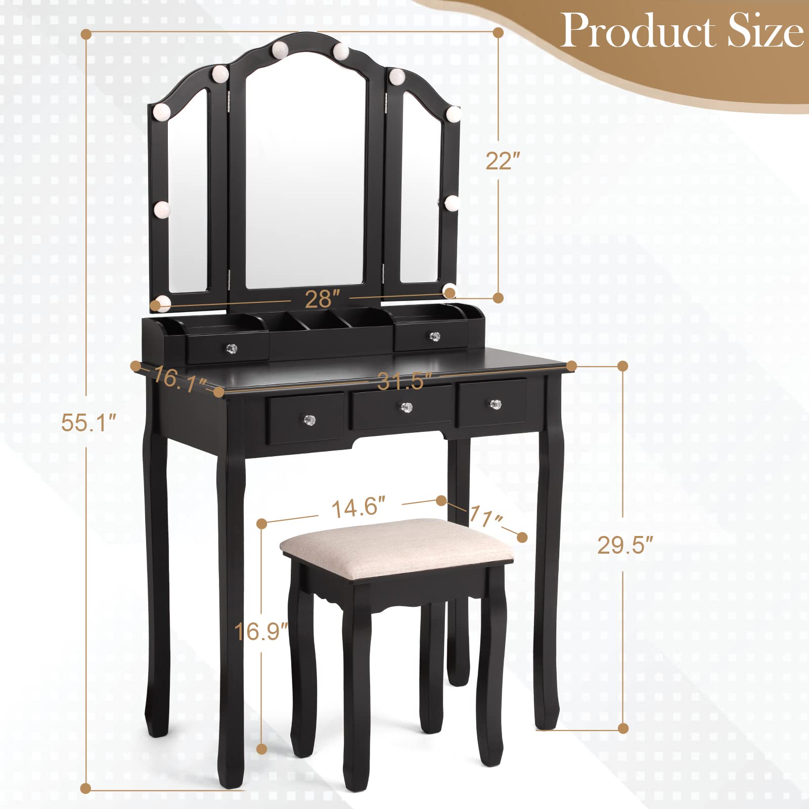 Professional Makeup Vanity Table with LED Lights & Tri-Folding Mirror - 5-Drawer Dressing Table with Lighted Mirror, Black - Perfect for Bedroom, Dressing Room & Beauty Salon Makeup Station
