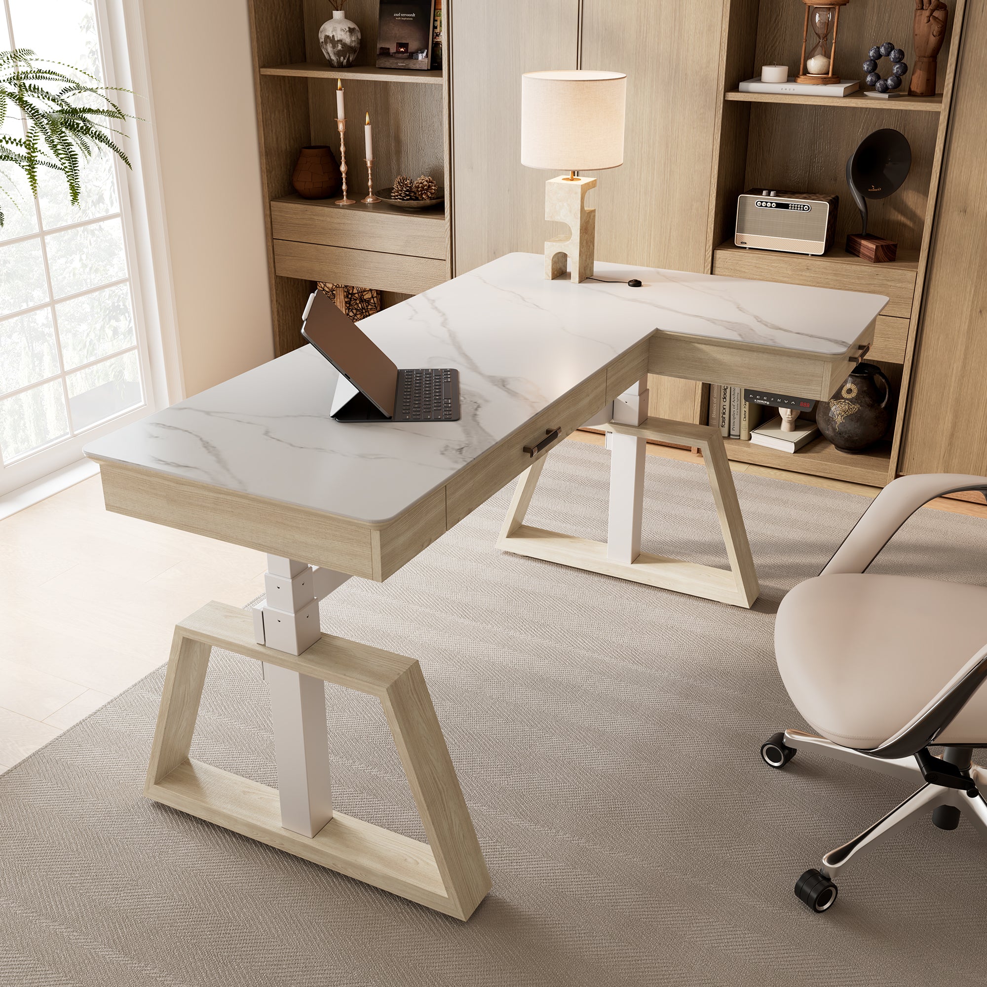 Premium L-Shaped Standing Desk with Sintered Stone Top - Ergonomic Adjustable Height Home Office Desk for Work, Gaming & Study - Perfect for Small Spaces & Corner Setups