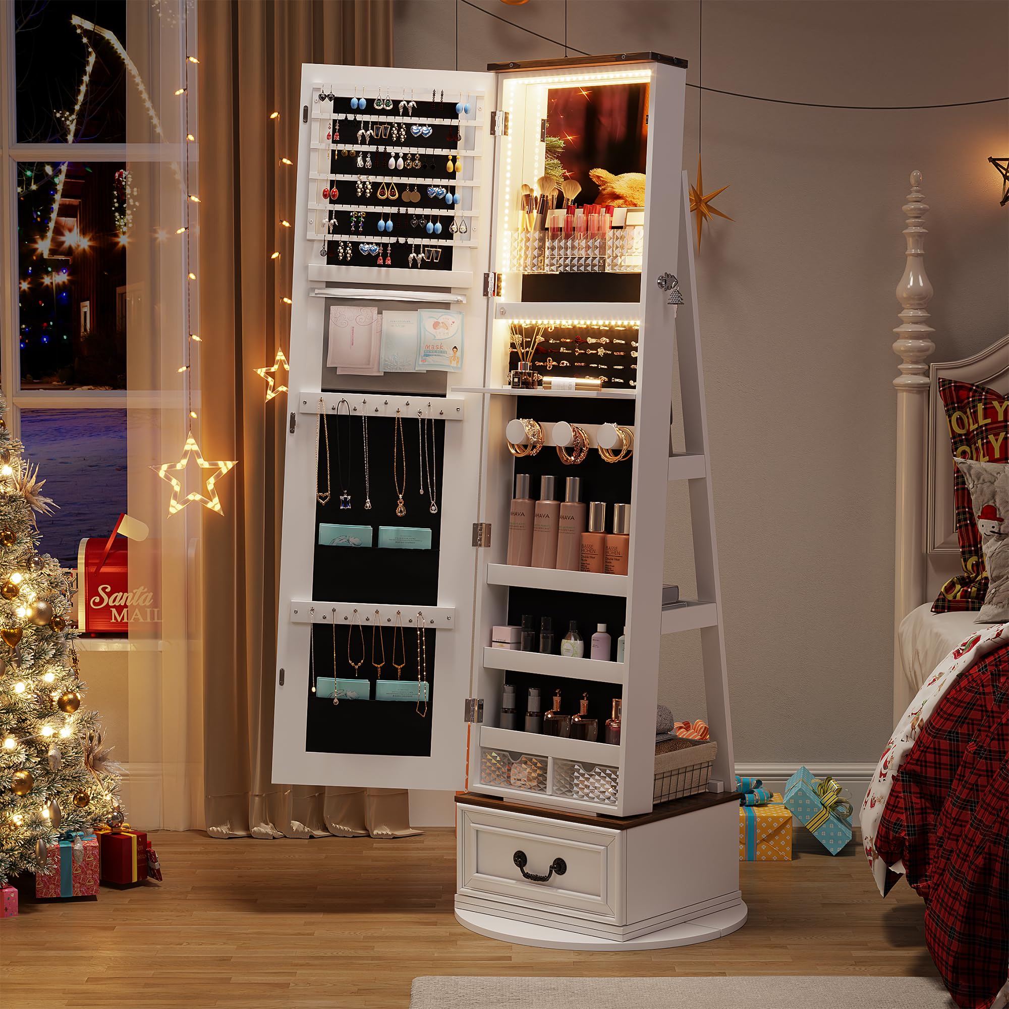 360° Swivel Jewelry Organizer with Full-Length Mirror & LED Lights - Jewelry Armoire Cabinet with Drawers - Large Mirror Storage for Jewelry & Makeup - Perfect Gift for Women, Mom, Wife & Teen Girls (White) - Ideal for Bedroom, Dressing Room & Closet Organization