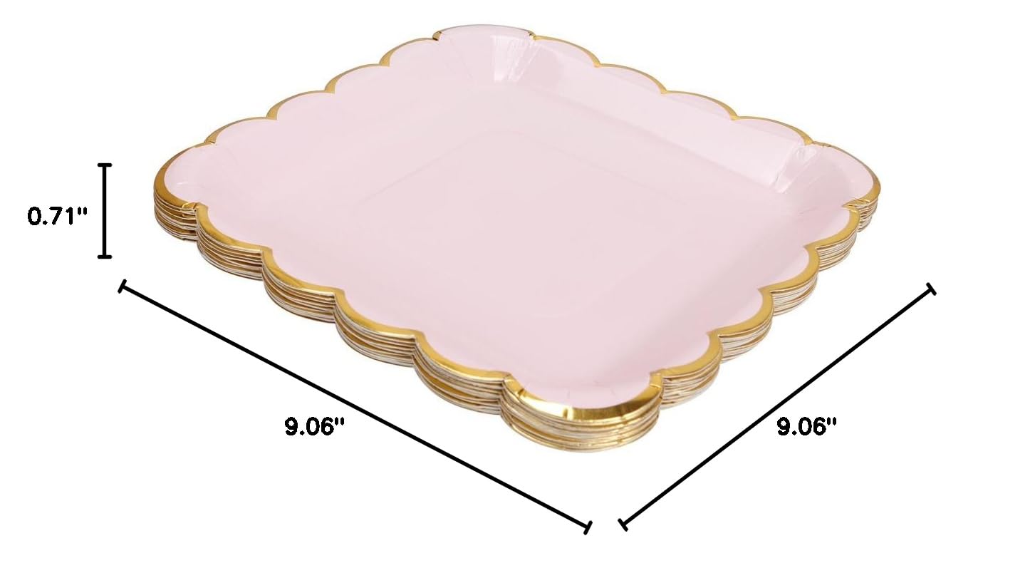 Elegant 9-Inch Pink Paper Party Plates with Metallic Gold Border - 20 Count Decorative Dessert Plates Set for Birthday, Wedding, Baby Shower & Special Occasions