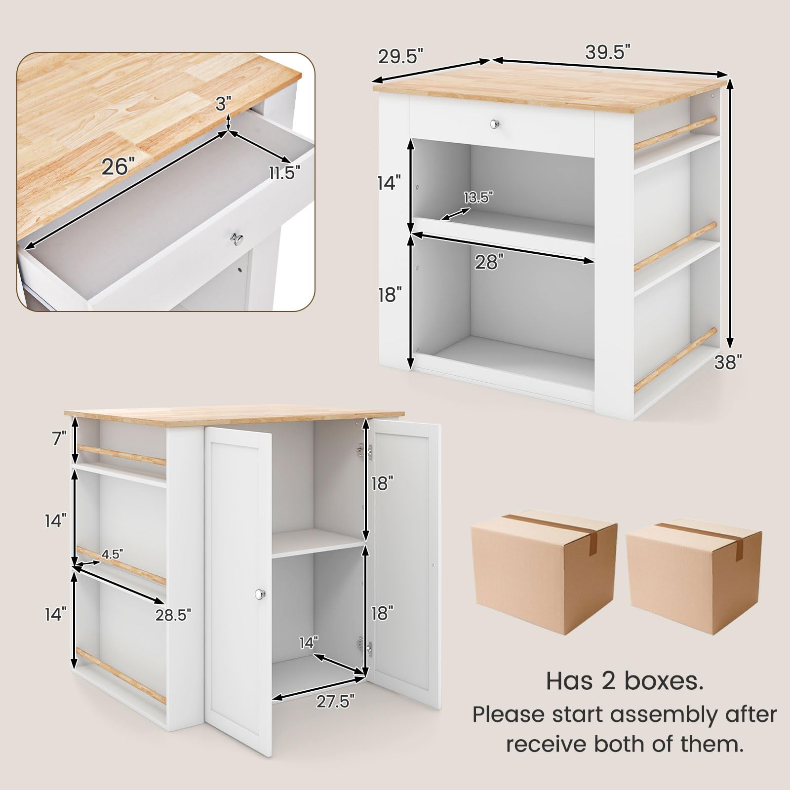 Moccha Kitchen Island with Storage Cabinet - 2 Doors, 2 Drawers, 6-Tier Spice Rack & Open Shelves - White Wood Counter Table for Dining Room (29.5