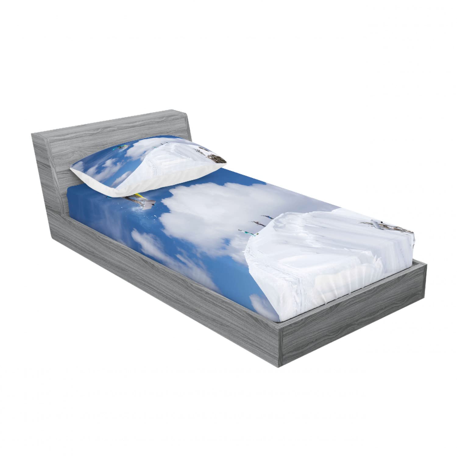 Ambesonne Winter 2-Pack Twin XL Fitted Sheet & Pillow Sham Set - Snowboarder Mountain Design, Blue & White 4-Piece Bedding Decor (2 Fitted Sheets + 2 Pillow Covers) - Perfect for Ski Lodges, Winter Cabins & Snow-Themed Bedrooms