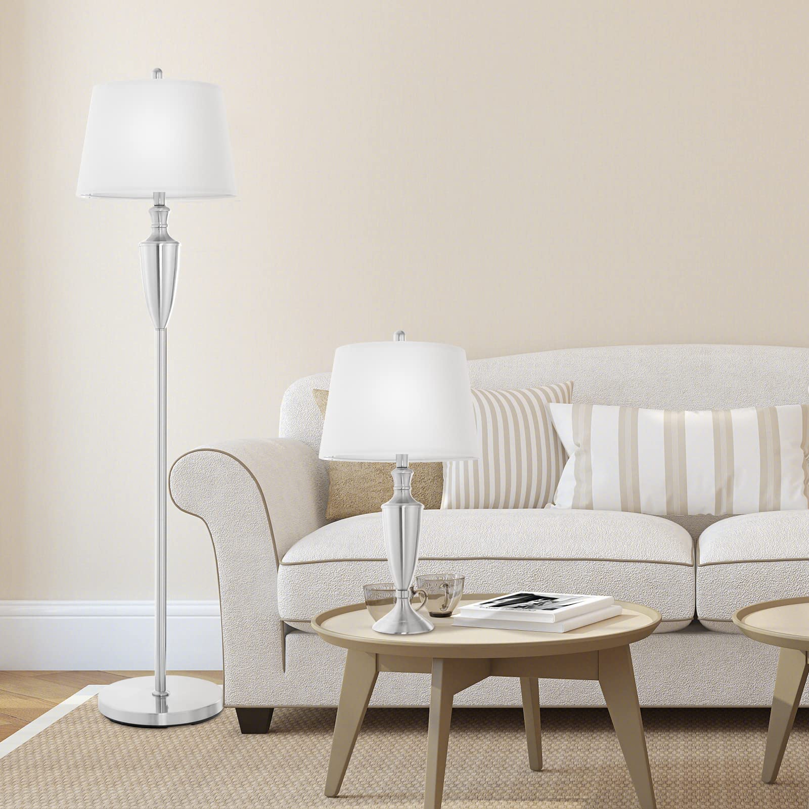 Tangkula 3-Piece Modern Lamp Set - Nickel Finish Floor Lamp & 2 Table Lamps with Weighted Base & High-Grade Lampshades | E26 Bulb Required | Perfect for Bedroom, Living Room, Office & Study Lighting Decor