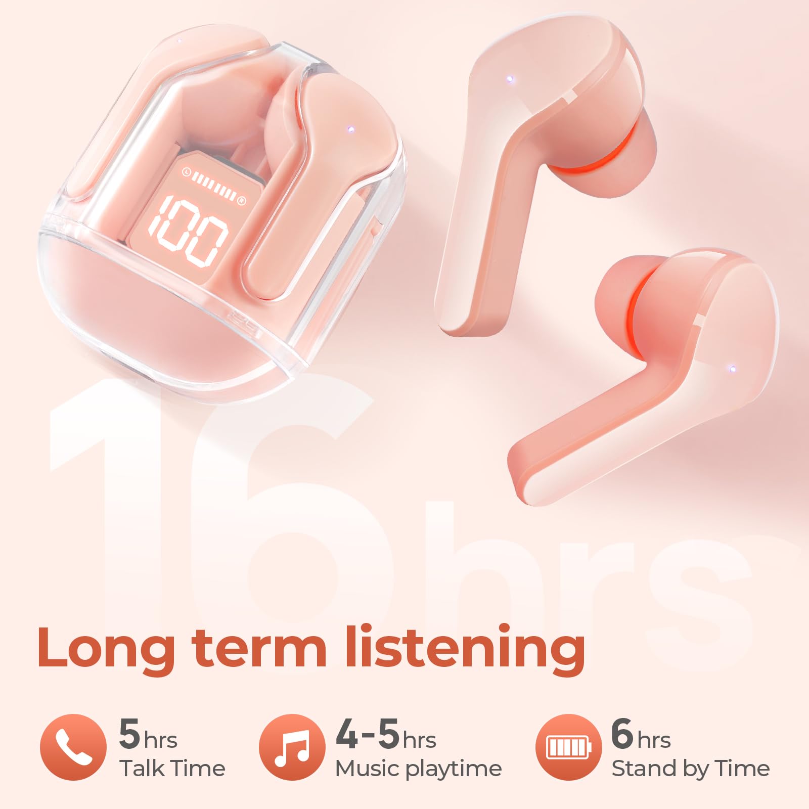 Wireless Bluetooth Earbuds with ENC Noise Cancelling, LED Display Charging Case, Lightweight In-Ear Headphones with Built-in Mic for Android/iOS (Pink) - Perfect for Gym, Commuting & Work Calls