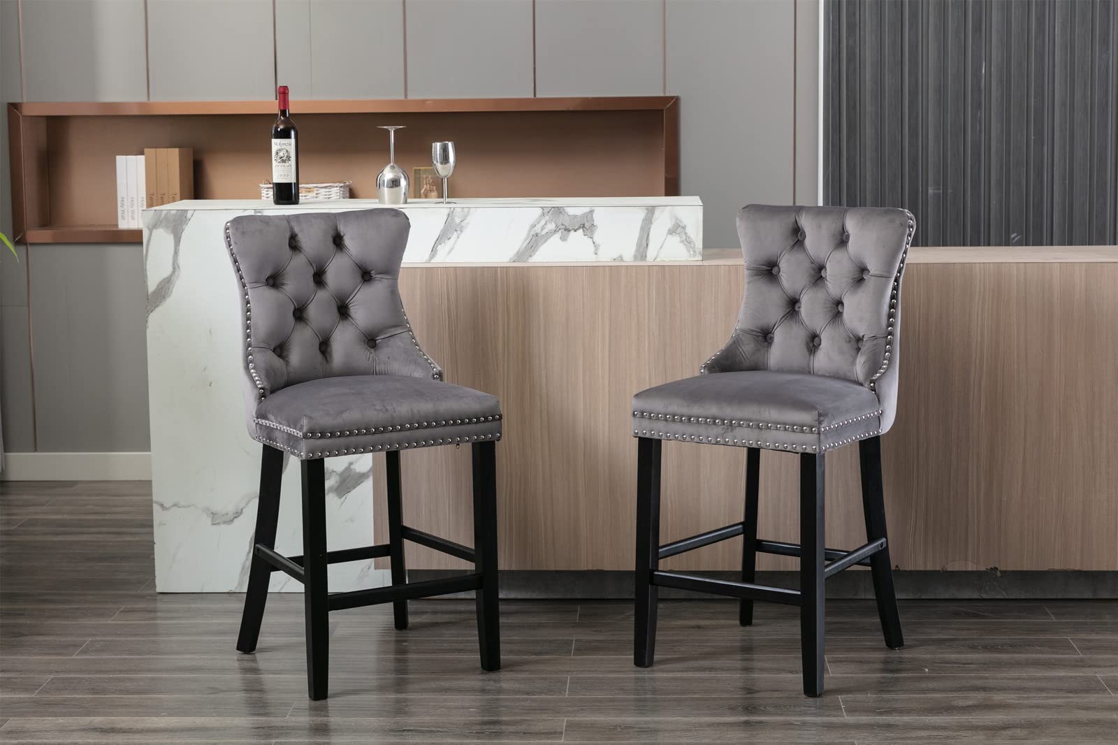Velvet Bar Stools Set of 2 - Farmhouse Style Button Tufted Counter Height Dining Chairs with Back Support & Footrest - Nail Head Trim & Pull Ring Bar Stools for Kitchen Island, Home Bar, Breakfast Nook - Comfortable Gray Upholstered Seating for Entertaining & Relaxing
