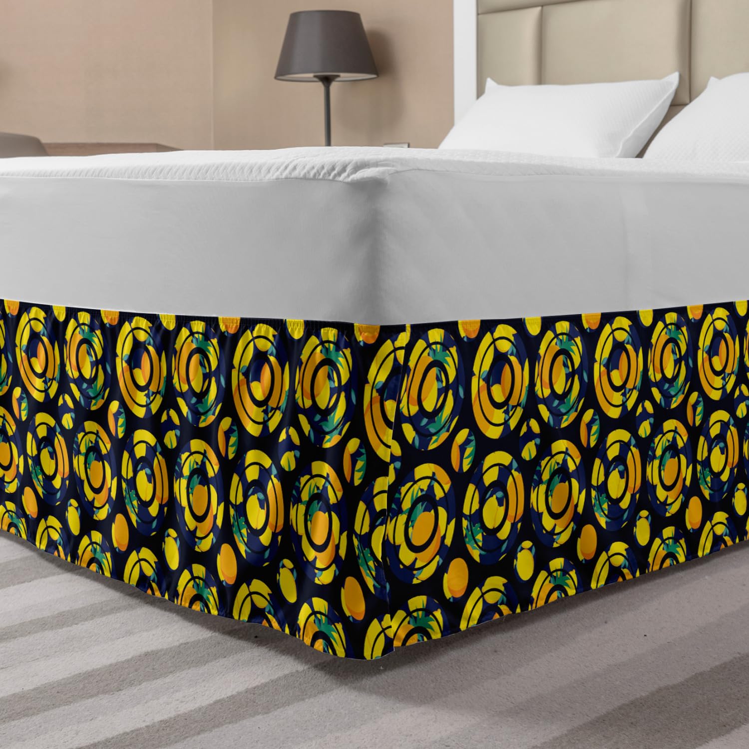 Ambesonne Lemon Bed Skirt - Modern Citrus Fruit Print with Retro Circles Design, Elastic Wrap Around Bedroom Decor, Gathered King Size Bedskirt in Multicolor | Perfect for Vintage & Boho Chic Bedroom Styling