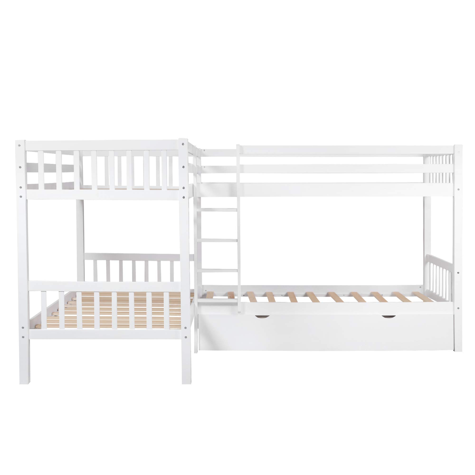 Kids L-Shaped Twin Over Twin Solid Wood Bunk Bed Frame with Safety Guardrail & Ladder, Storage Drawers - No Box Spring Needed, White - Perfect for Small Bedrooms, Shared Kids Rooms & Space-Saving Solutions