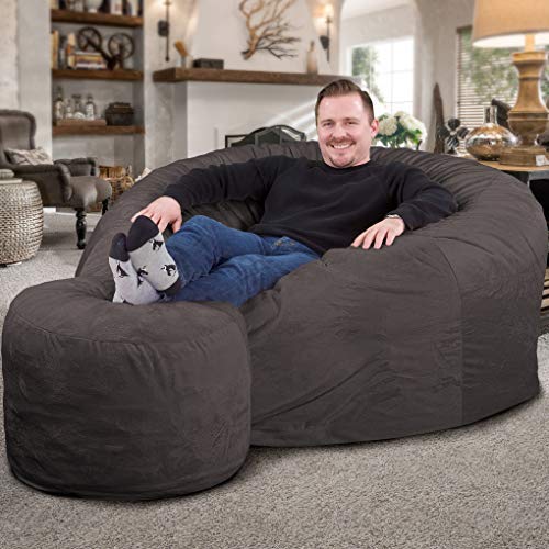 ULTIMATE SACK 5ft Oversized Bean Bag Chair with Footstool - Grey Suede Lounge Furniture for Adults | Perfect for Living Room, Game Room & Dorm Relaxation