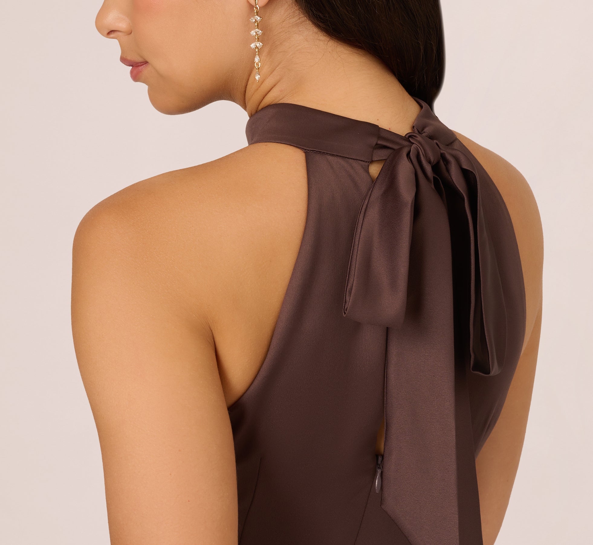 Elegant Dark Brown Satin Halter Mermaid Gown with Ruffle Trim - Perfect for Evening Galas, Prom Nights & Formal Events
