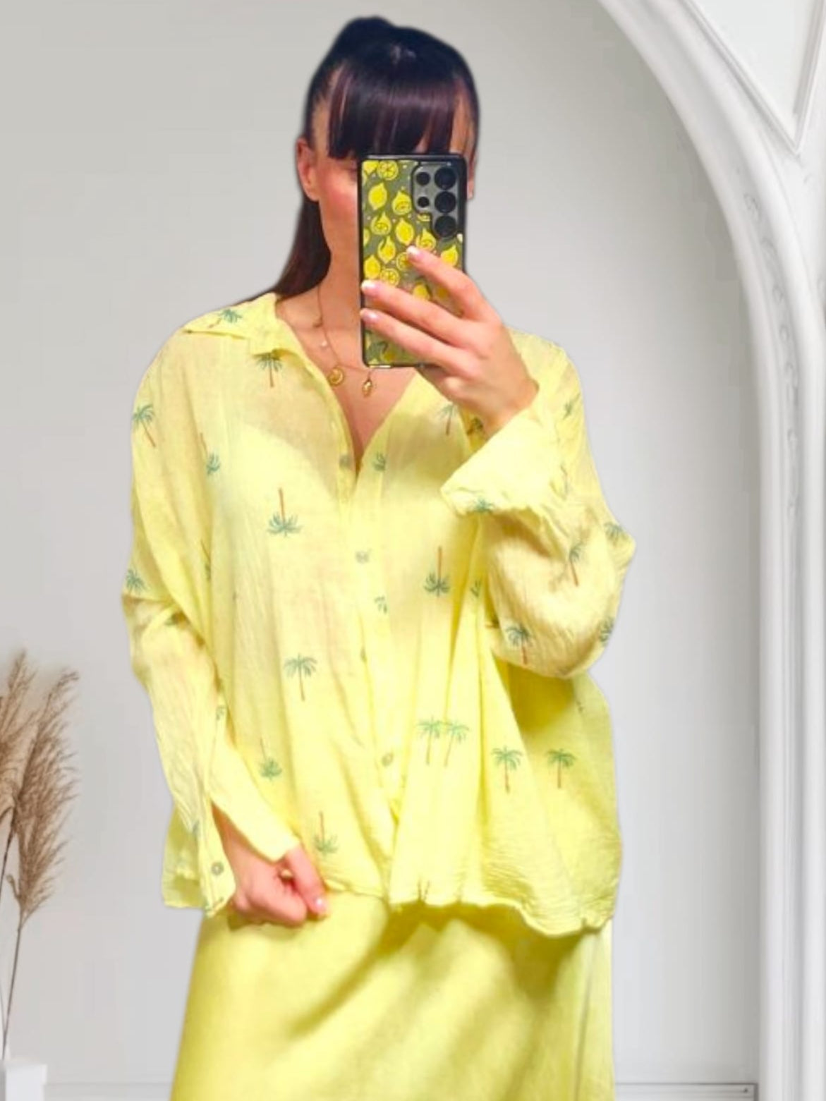 Stylish Palm Print Blouse in Lemon Yellow - Women's Fashion Top for Casual Wear, Office Outfits & Summer Vacation