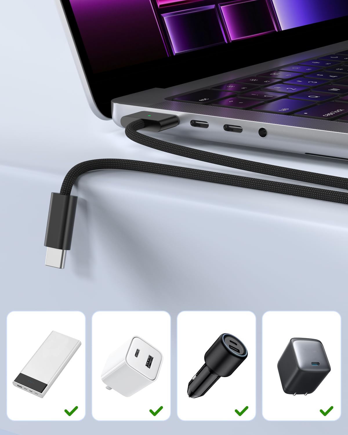 140W USB-C to Magnetic 3 Fast Charging Cable - Compatible with MacBook Pro 14/16-inch (2021/2023), MacBook Air 13/15-inch (2023/2024) - 6ft Nylon Braided Cable for Home, Office & Travel Charging