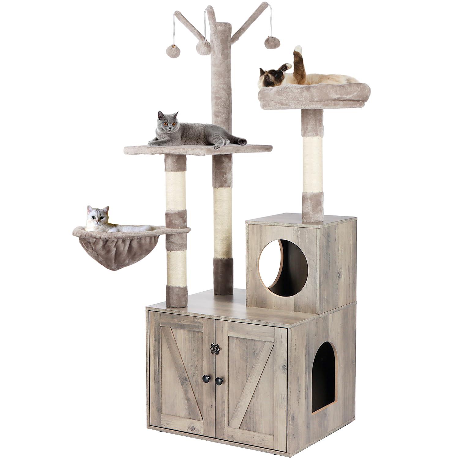 2-in-1 Modern Grey Cat Tree Tower with Hidden Litter Box Enclosure & Scratching Post - Multi-Level Cat Condo Furniture for Small Spaces & Home Decor