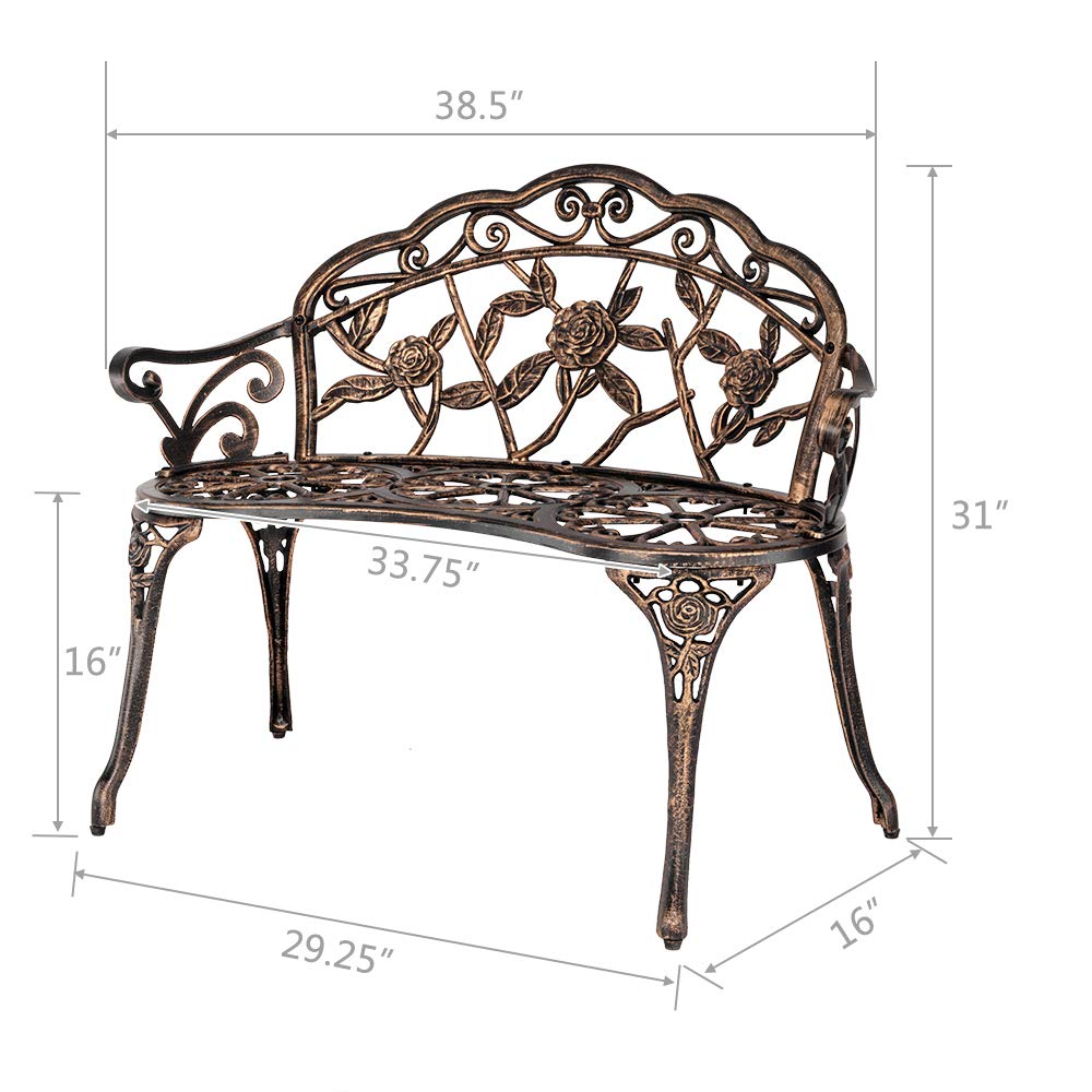 Outdoor Loveseat Bench - Rust-Resistant Aluminum Metal Garden Seating for Patio, Porch, Park, Deck & Lawn with Floral Rose Design (Bronze) - Perfect for Relaxing in Your Backyard or Outdoor Entertaining