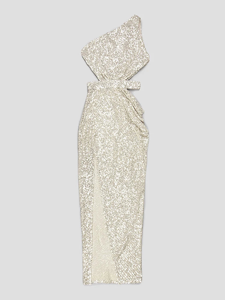 Elegant Backless Sequin Formal Dress for Women - Diagonal Collar Sleeveless High Waist Folding Gown, Solid Color Evening Wear (2024 New) | Perfect for Prom, Cocktail Parties, Weddings & Special Occasions
