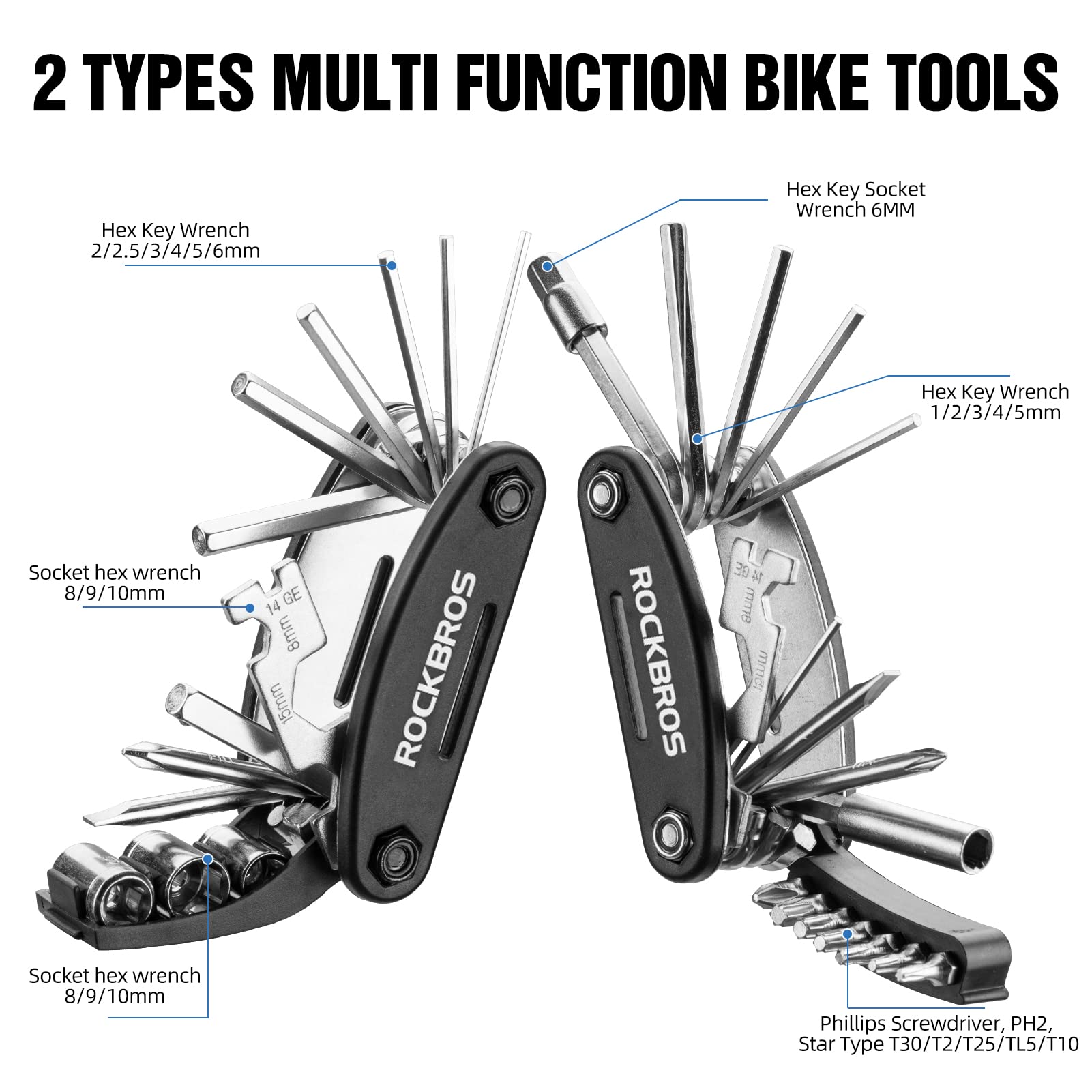 ROCKBROS 16-in-1 Multi-Function Bike Repair Tool Kit - Portable Foldable Cycling Multitool with Allen Wrench & Tire Levers - Perfect for Road Bikes, Mountain Bikes & Commuting Cyclists