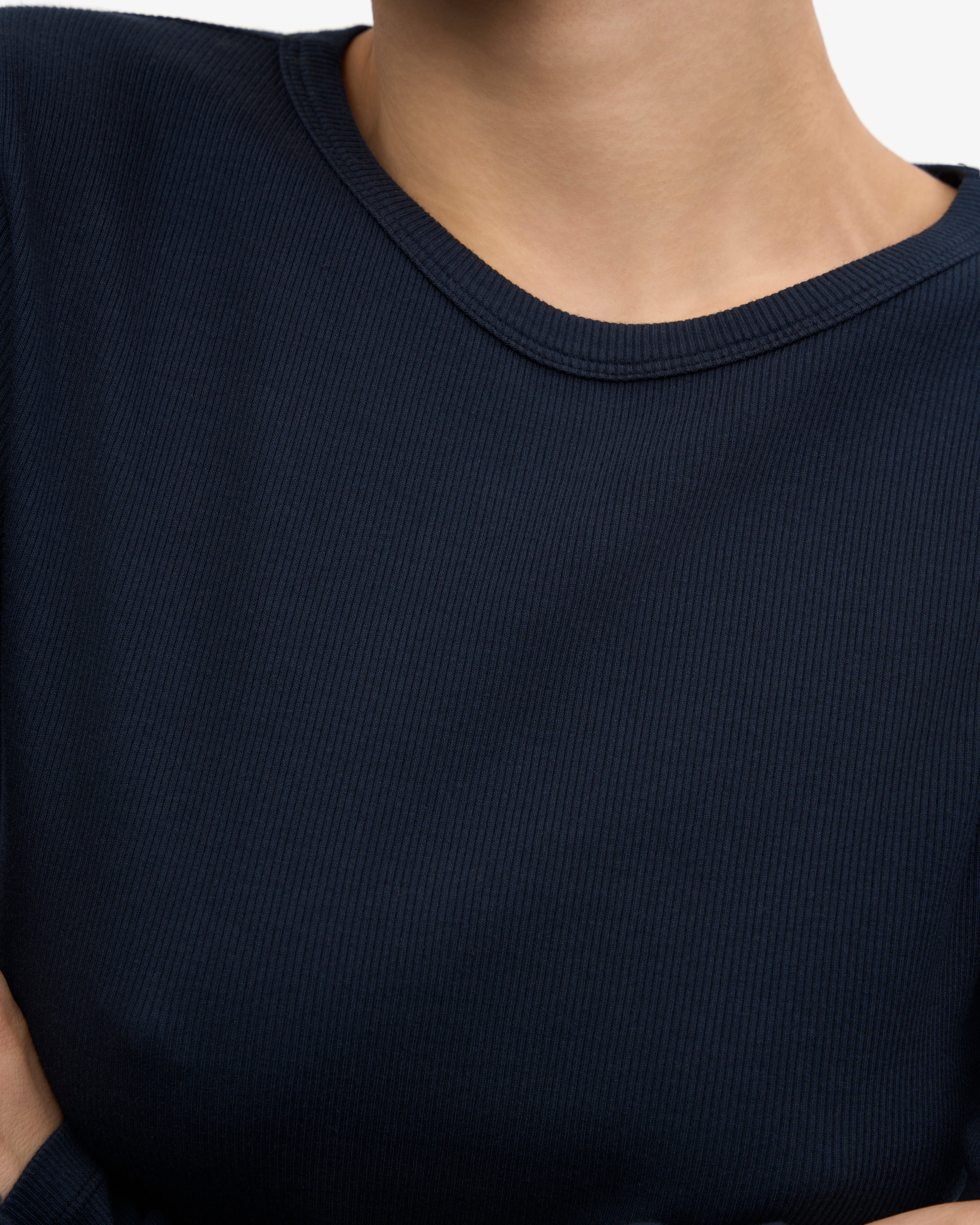 Organic Women's Long Sleeve Ribbed T-Shirt - Navy Blue - Comfortable Casual Wear for Everyday Outfits & Layering