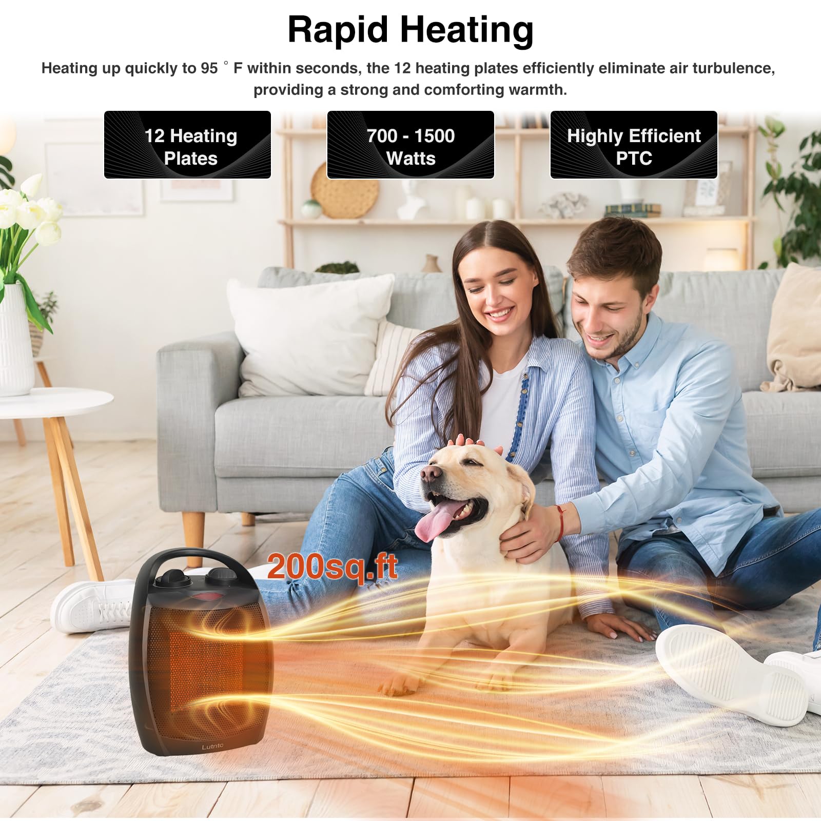 Lutntc 1500W/750W Portable Ceramic Space Heater - Safe & Quiet Electric Heater Fan for Indoor Use, Fast Heating up to 200 Sq Ft - Perfect for Bedroom, Office, Desk, and Home Use