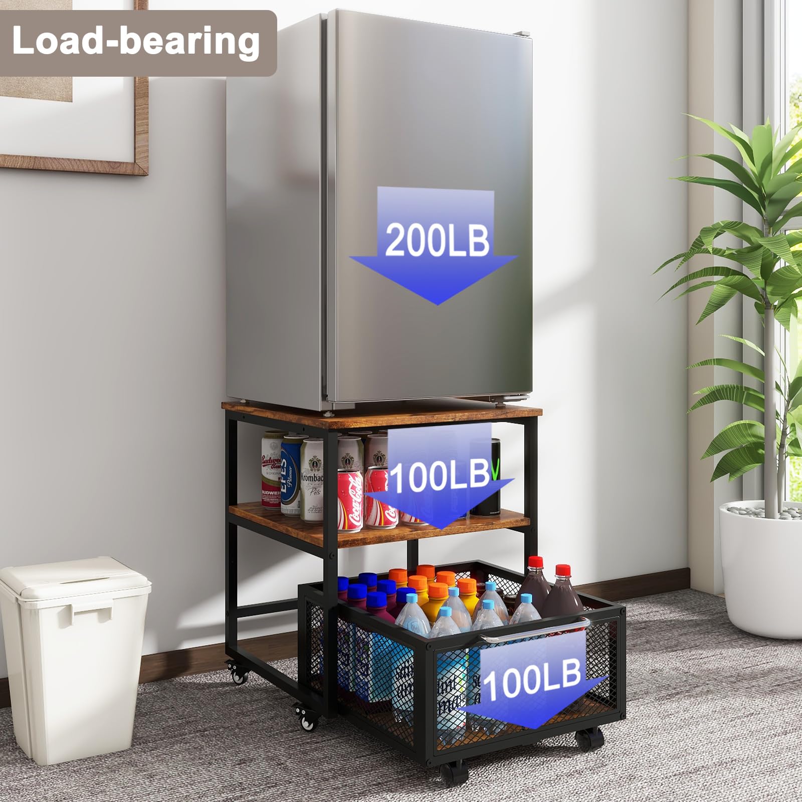 PUNCIA 19.7x19.7 Inch Heavy Duty Mini Fridge Stand with Storage & 4 Lockable Wheels - Compact Beverage Refrigerator Table for Coffee Bar, Office, Home, Bedroom & Dorm - Perfect for Small Spaces & Drink Storage Organization