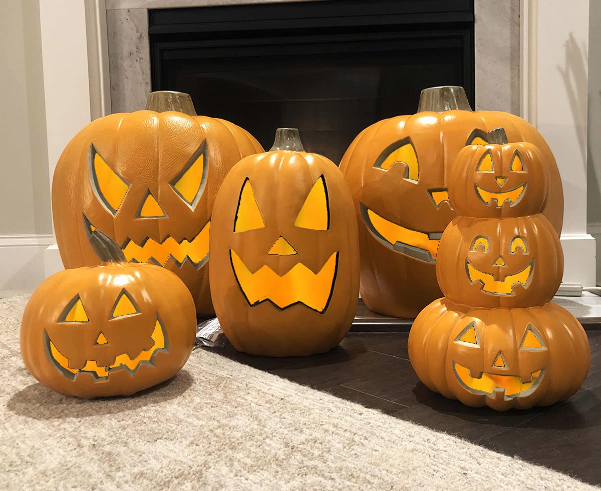 LED Light Up Halloween Jack o'Lantern Pumpkin Decorations - Set of 5 Indoor/Outdoor Lighted Pumpkins with Warm White Bulbs - Perfect for Porch, Yard, Party & Fall Festival Decor