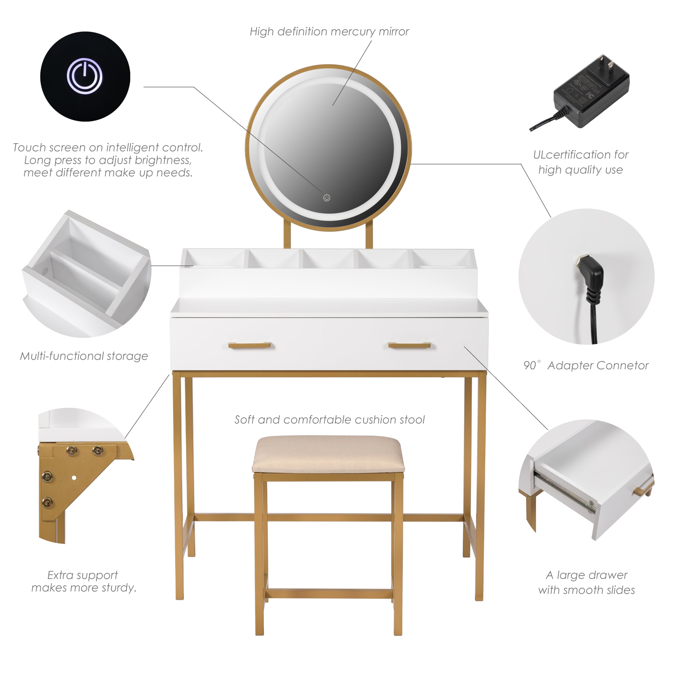 UTEX Makeup Vanity Desk with LED Mirror & 3 Lighting Modes, White and Gold Dressing Table with Drawers & Cushioned Stool - Perfect for Bedroom, Beauty Salon & Home Decor