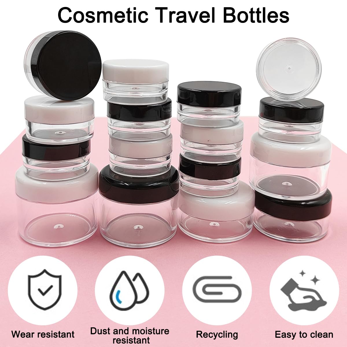 18-Piece Travel Makeup Containers Set with Lids - 3/5/10/15/20g Clear Plastic Jars, 4 Mini Spatulas & Dropper - Leakproof Wide-Mouth Cosmetic Storage for Foundation, Creams & Skincare - Perfect for Travel, Gym & Daily Beauty Routine