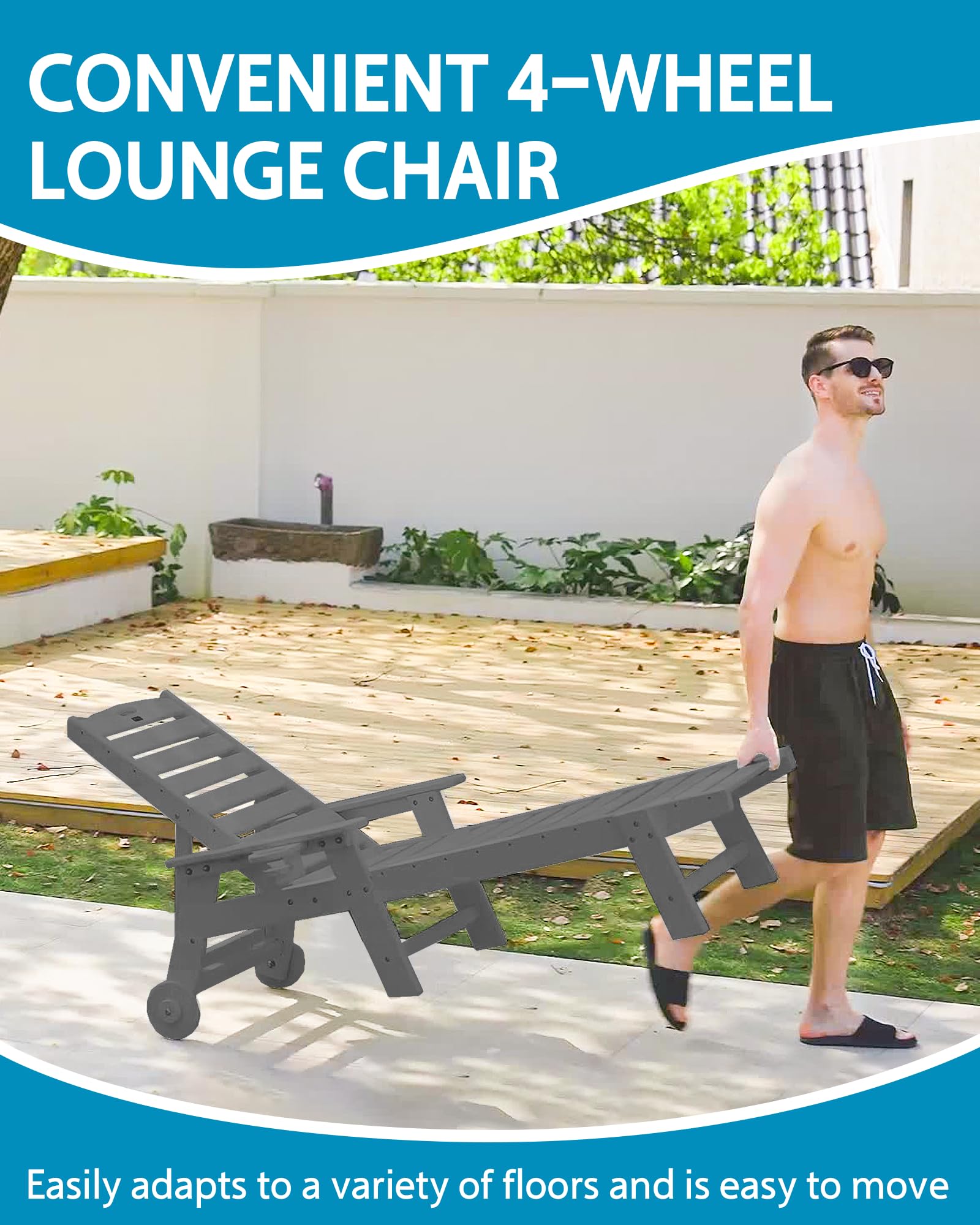 Outdoor Chaise Lounge Chair with Wheels - Oversized Patio Lounge Chair with Wood Texture - 5-Position Adjustable Plastic Sunbed for Pool, Beach, Deck & Backyard - Perfect for Relaxing, Sunbathing and Outdoor Lounging