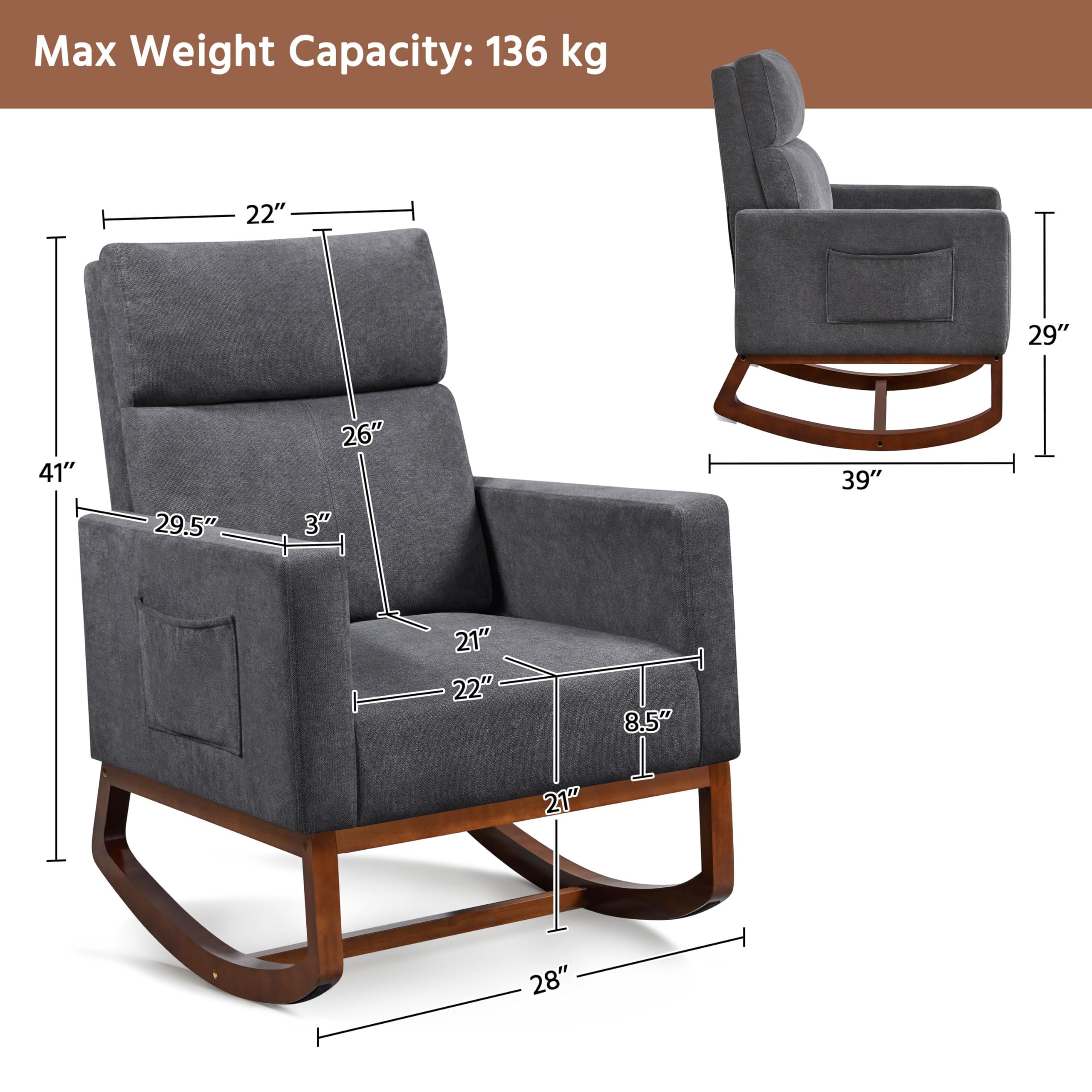 Yaheetech Upholstered Glider Rocking Chair with Side Pocket - High Back Nursery Chair with Rubber Wood Legs - Comfortable Accent Armchair for Living Room, Bedroom & Nursery (Gray) - Perfect for Nursing, Reading & Relaxing