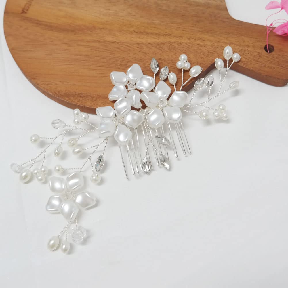 Elegant Pearl Rhinestone Silver Crystal Flower Leaf Vine Hair Comb Clip - Bridal Wedding Hair Accessories for Women & Girls | Perfect for Bridesmaids, Prom, and Special Occasions