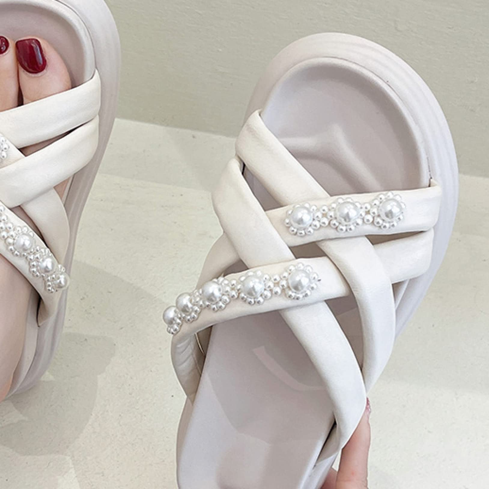 EBRICON Women's Platform Slide Sandals - Breathable Pearl Cross Leather Slip-On Open Toe Backless Slippers for Outdoor, Beach, Pool & Summer Wear