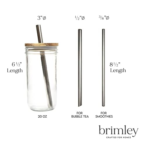 Brimley 20oz Glass Tumbler with Acacia Wood Lid & Stainless Steel Straw - Reusable Smoothie Cup, Bubble Tea Jar, Wide Mouth Mason Jar - Perfect for Iced Coffee, Juice & Cold Drinks at Home, Office or Travel