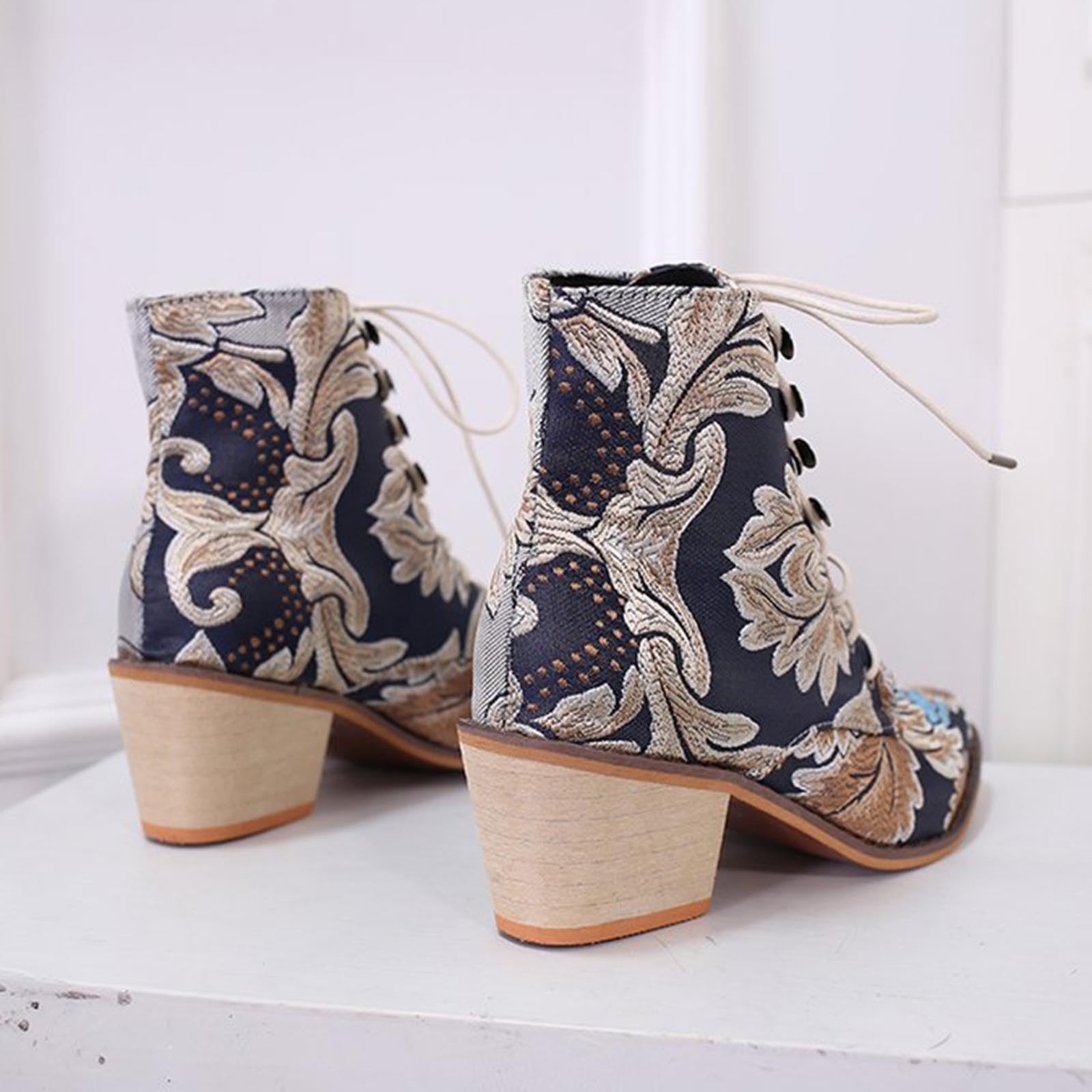 Women's Fashion Embroidered Western Cowboy Boots - Lace Up Ankle Boots with Chunky Low Heel | Perfect for Country Dancing, Rodeo Events & Casual Outfits