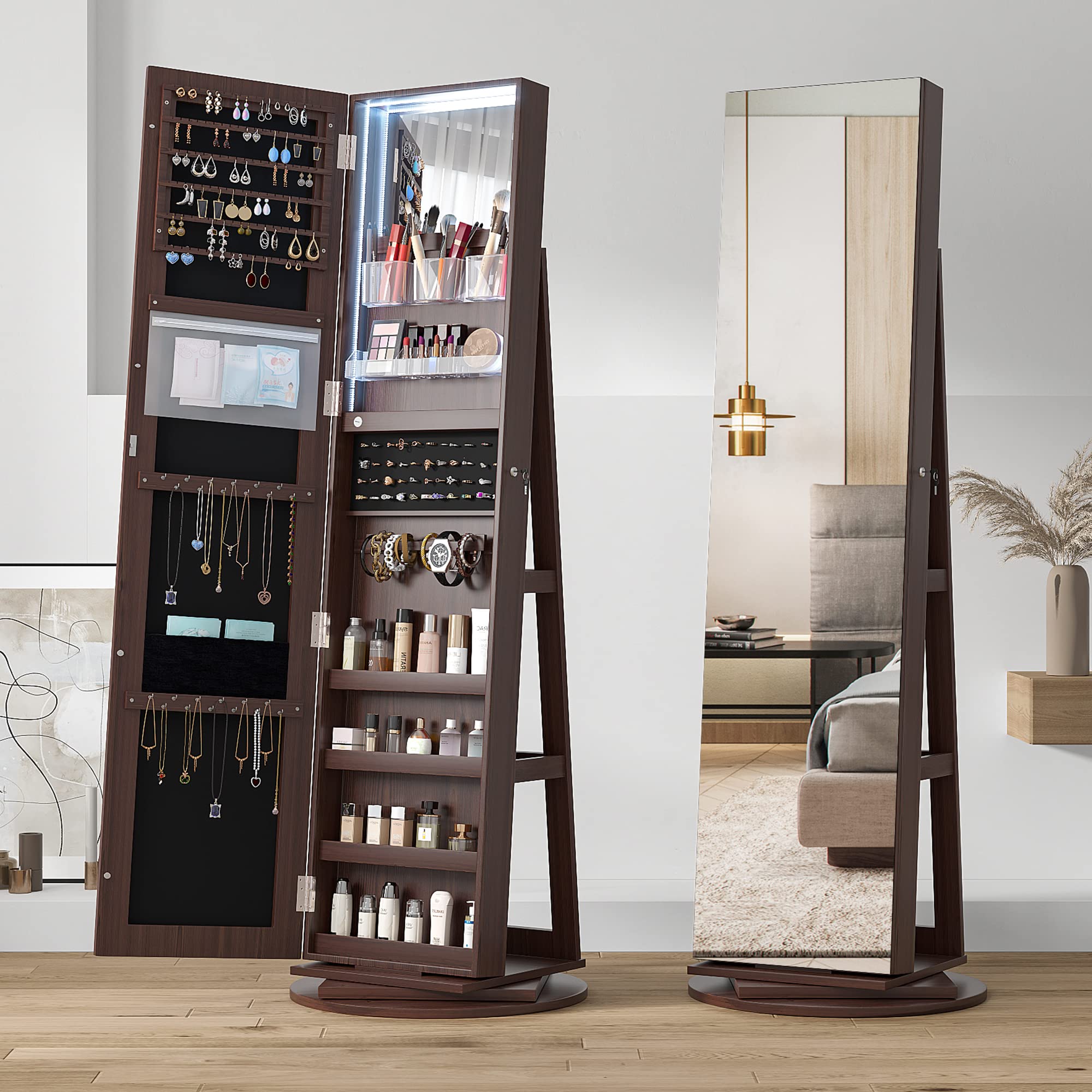 Full Length Mirror Jewelry Armoire with LED Lights - Lockable Standing Jewelry Cabinet with 360° Swivel Mirror & Storage Organizer | Perfect Gift for Women & Girls | Bedroom, Dressing Room, Closet Organization