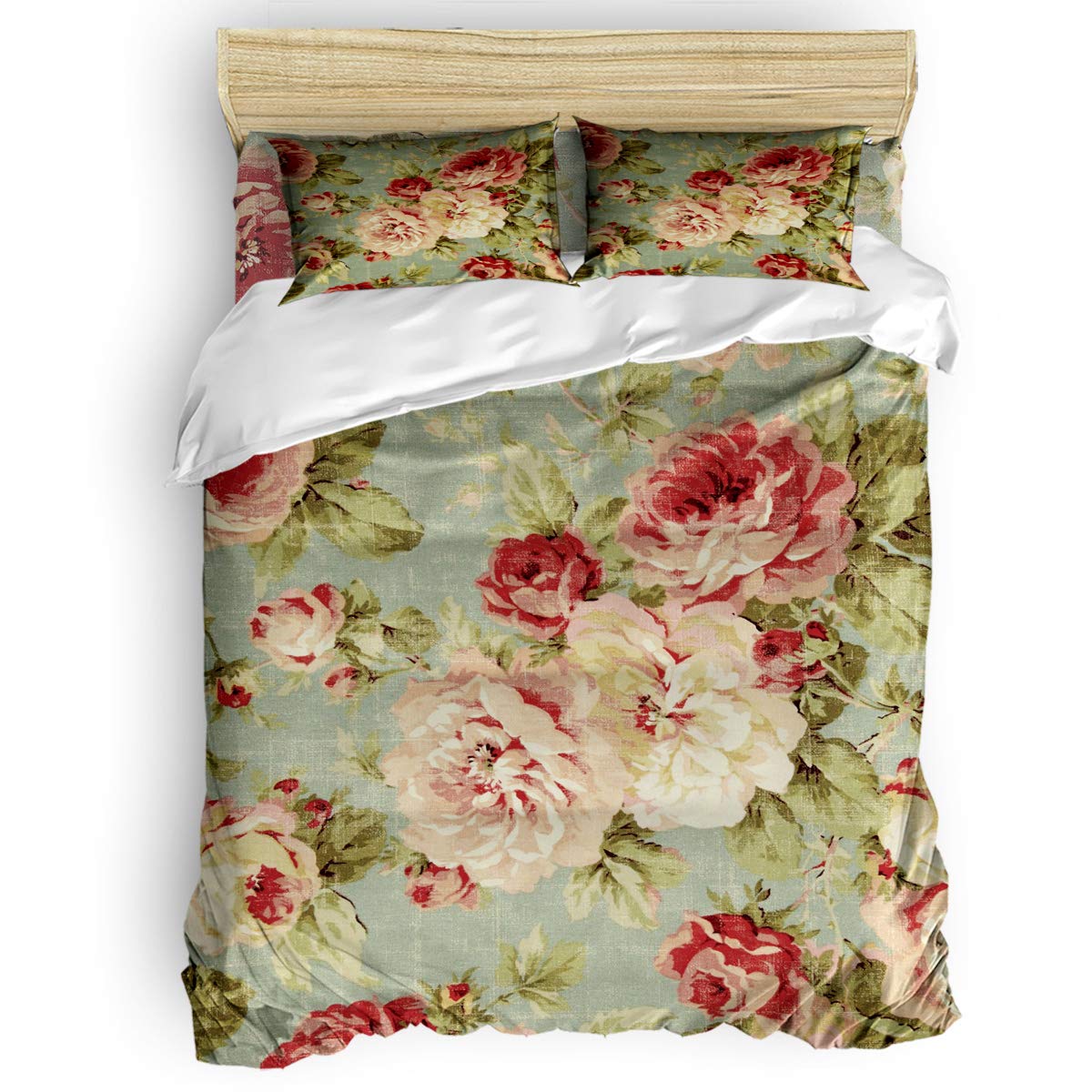 EZON-CH Queen Size 4-Piece Comforter Set - Ultra Soft Duvet Cover & Bedding Set with Retro Peony Floral Design, Includes 1 Flat Sheet, 1 Duvet Cover & 2 Pillowcases - Perfect for Cozy Bedroom Decor & Gift for Women & Men