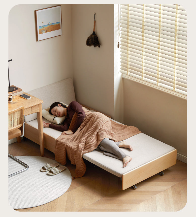 Solid Beech Wood Sofa Bed - Convertible Pull-Out Single Sleeper for Small Spaces | Guest Room & Studio Apartment Furniture