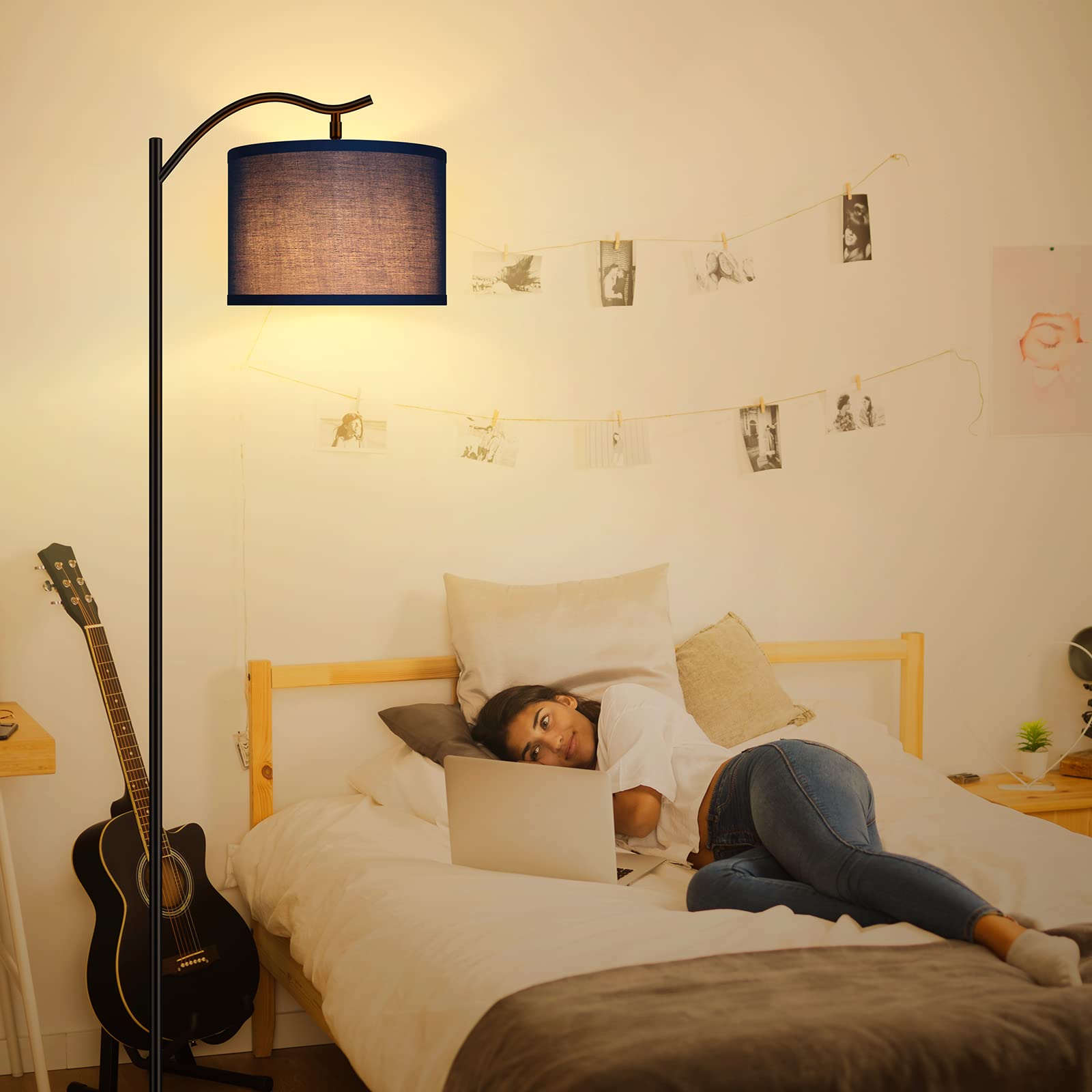 Modern LED Arched Floor Lamp with Blue Linen Shade - Tall Standing Light for Living Room, Bedroom, Office & Corner - E26 Socket & Footswitch - Mid Century Design for Home Decor & Reading Nook